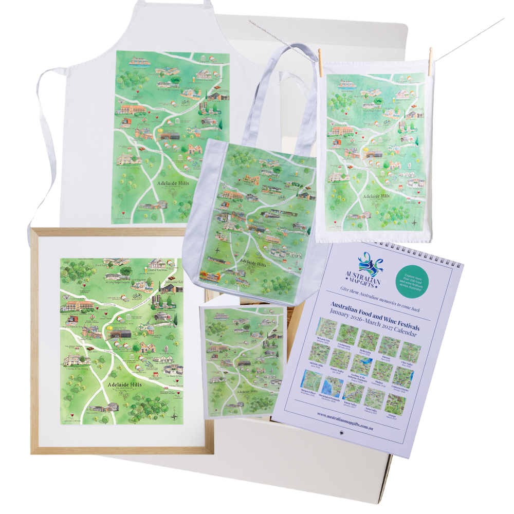 Adelaide Hills DIY gift box with apron, tea towel, A4 print, greeting card, tote bag and Australian Food & Wine Festivals Calendar
