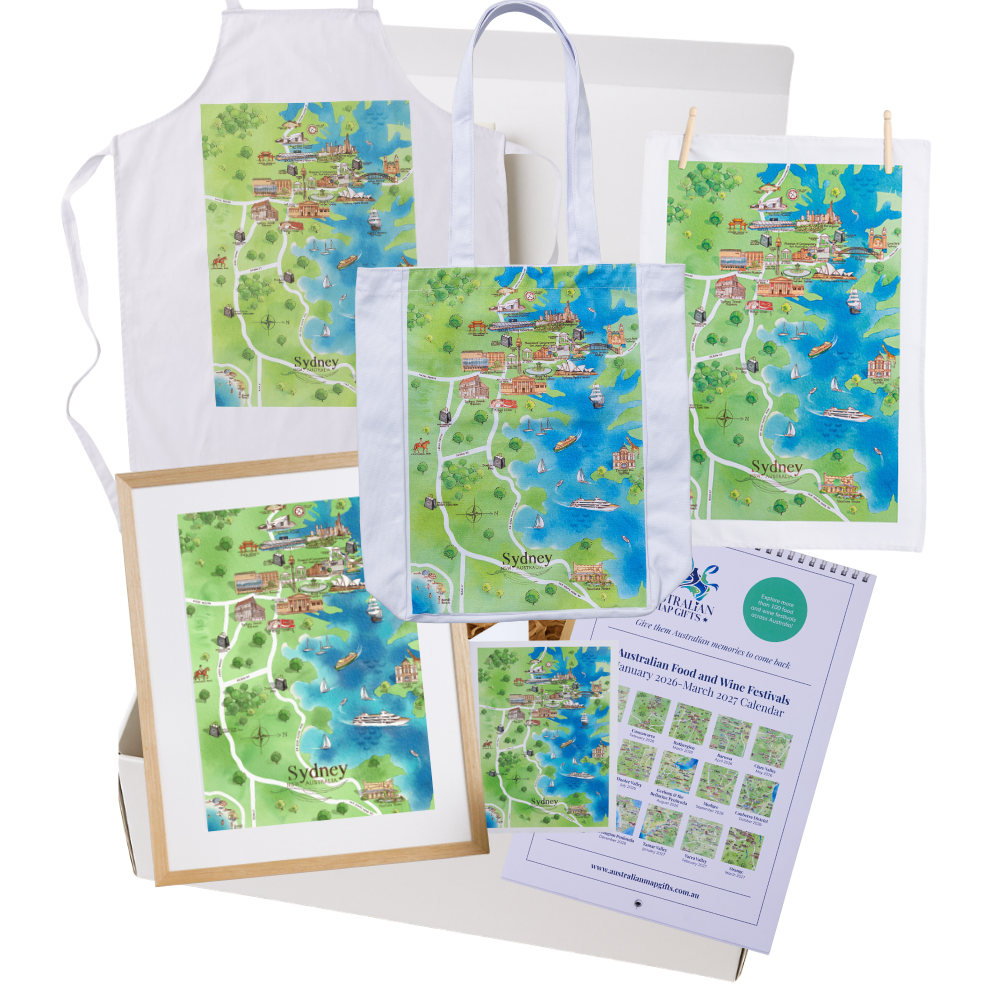 Sydney DIY gift box with apron, tea towel, A4 print, greeting card, tote bag and Australian Food & Wine Festivals Calendar