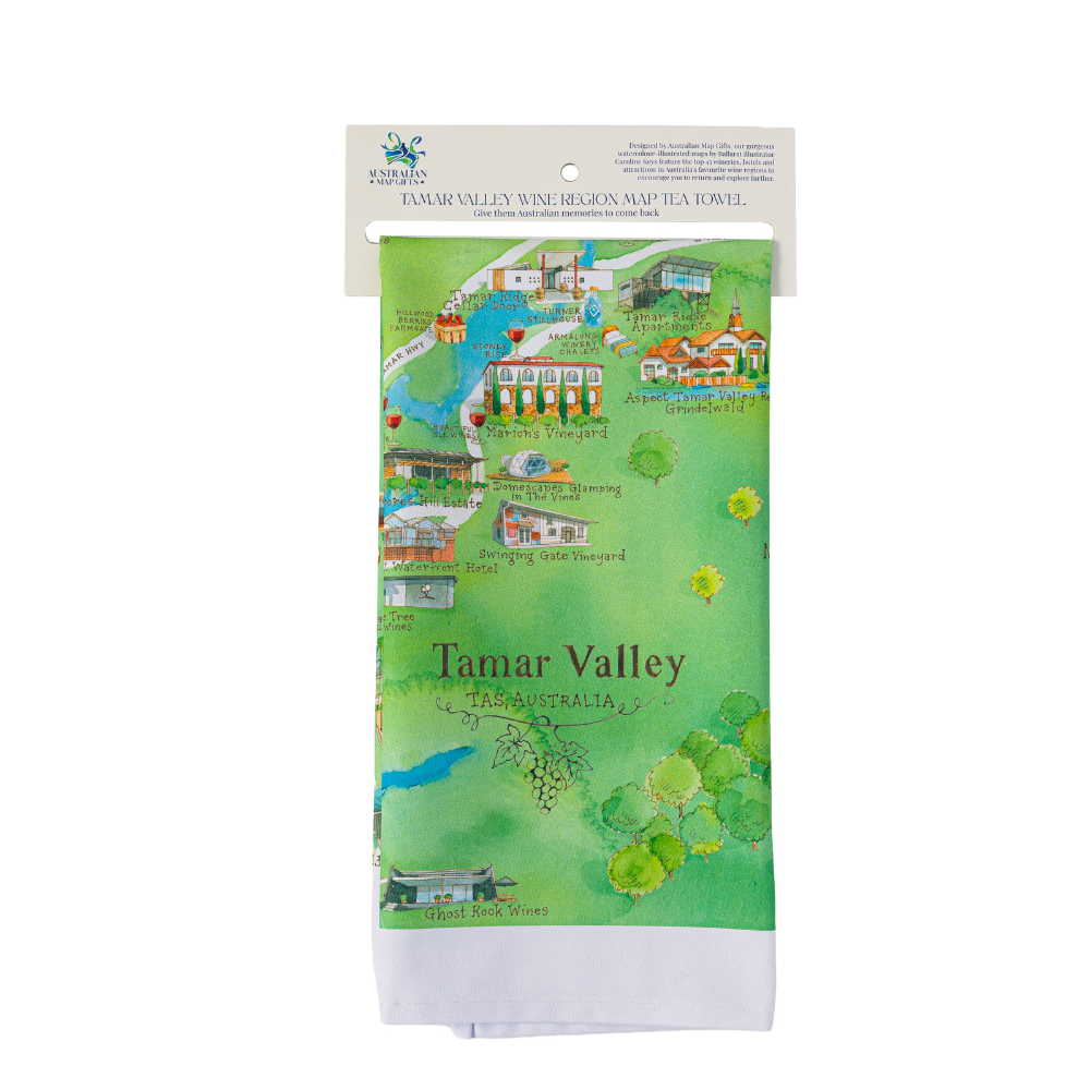 Tamar Valley 1.0 wine region map tea towel retail ready