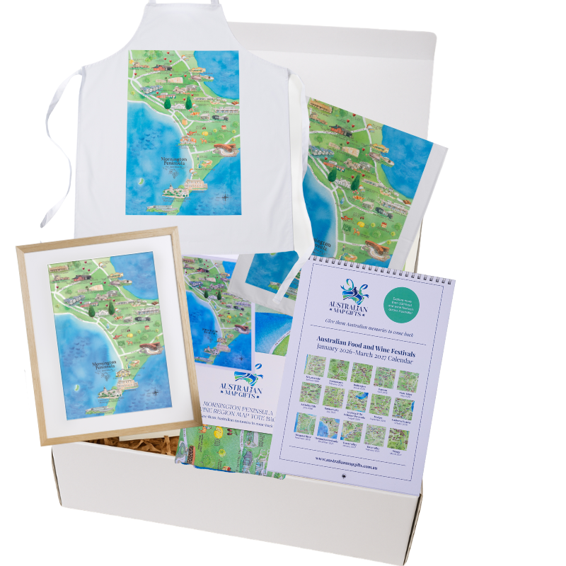 Mornington Peninsula DIY gift box with apron, tea towel, A4 print, greeting card, tote bag and Australian Food & Wine Festivals Calendar
