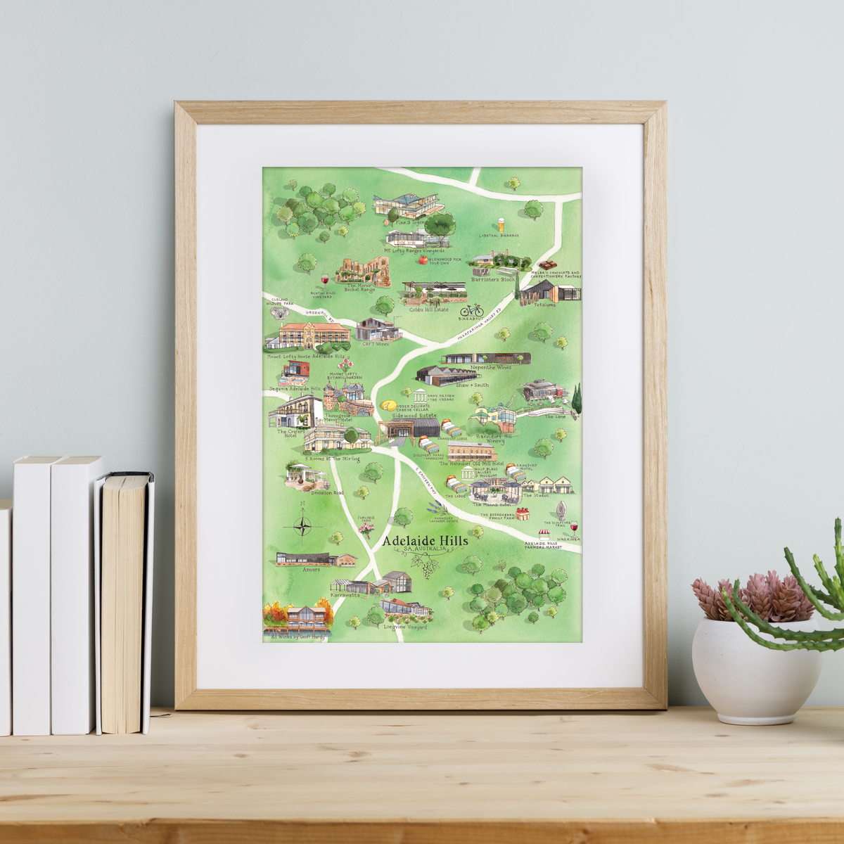 Adelaide Hills 3.0 wine region map watercolour-illustrated A3-size print
