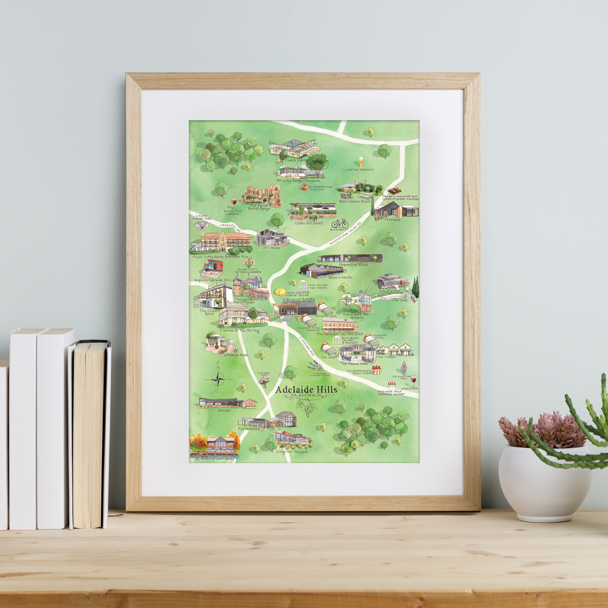 Adelaide Hills 3.0 wine region map watercolour-illustrated A3-size print