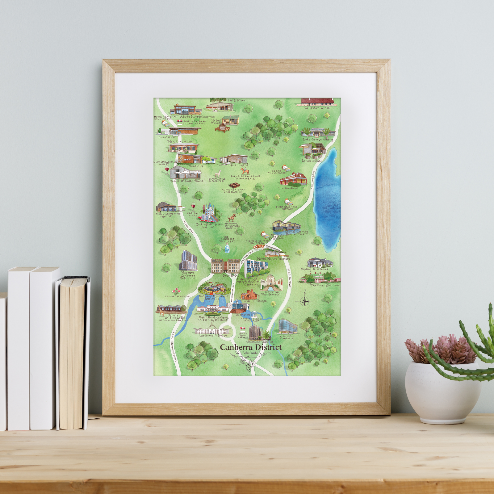 Canberra Disrtrict 2.0 wine region map watercolour-illustrated A3-size print