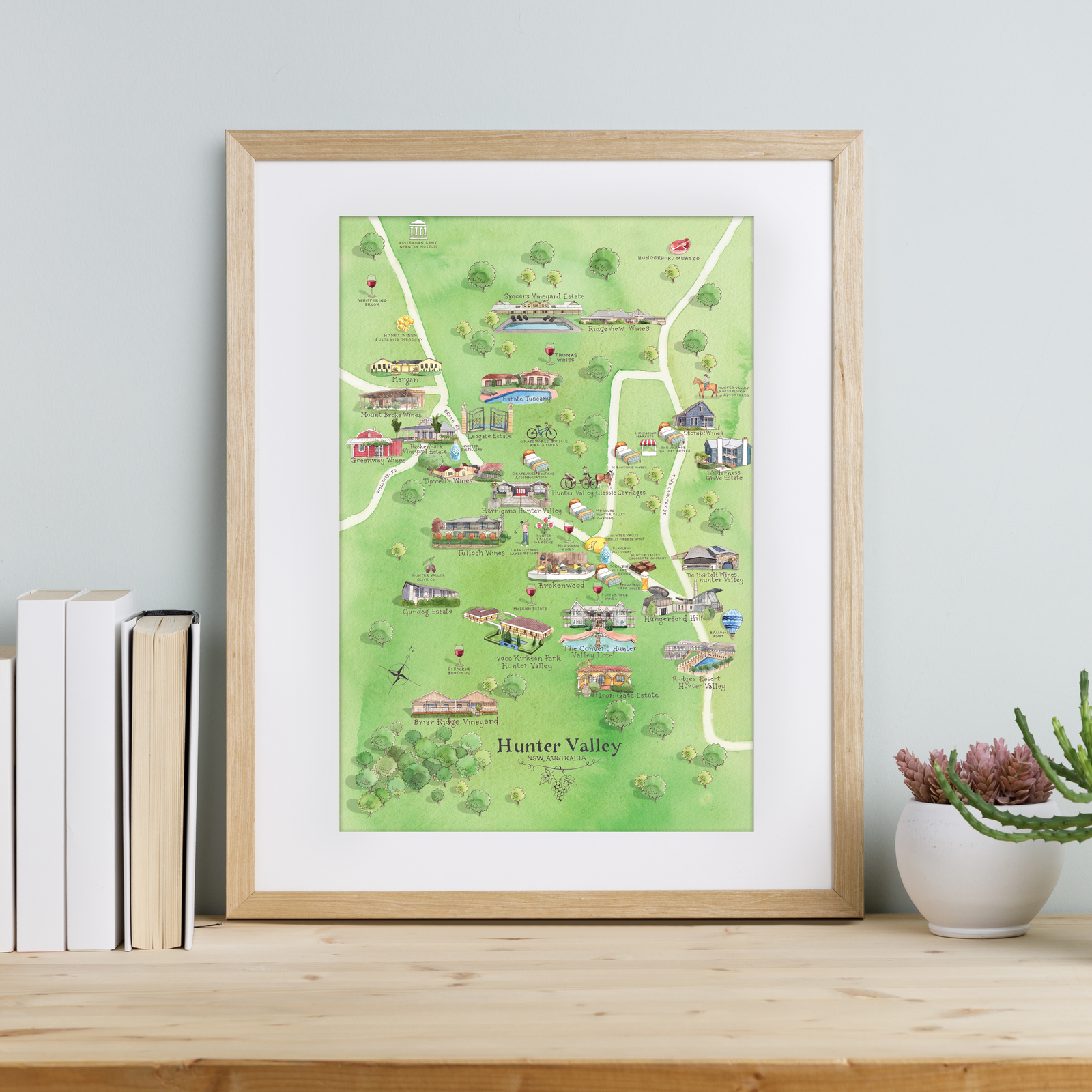 Hunter Valley 3.0 wine region map watercolour-illustrated A3-size print