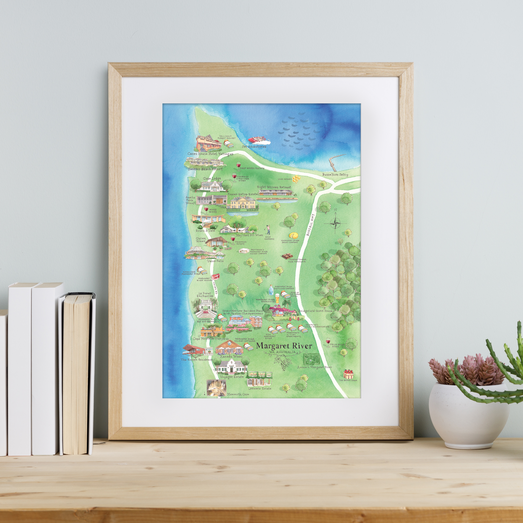 Margaret River wine region map watercolour-illustrated A3-size print