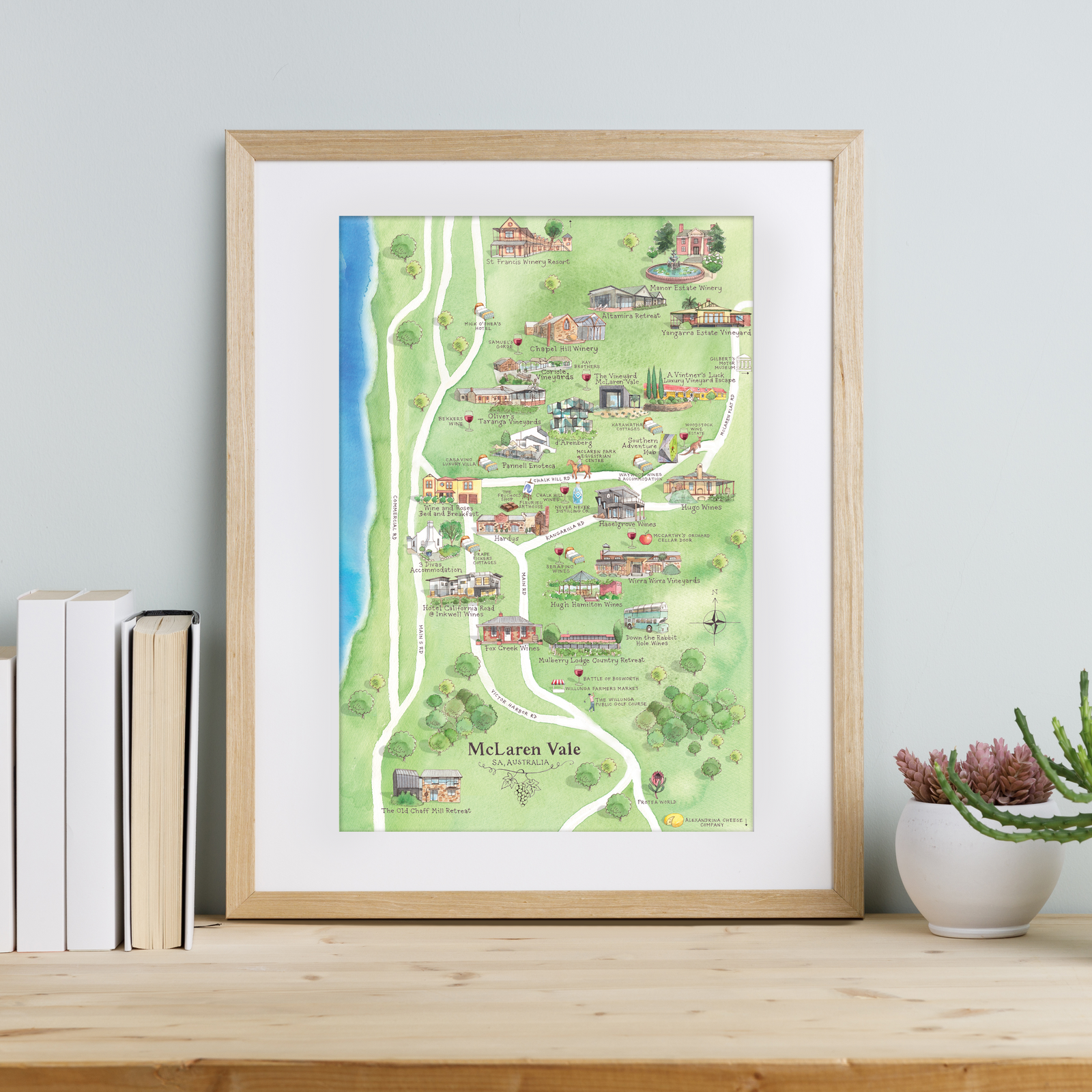 McLaren Vale wine region map watercolour-illustrated A3-size print