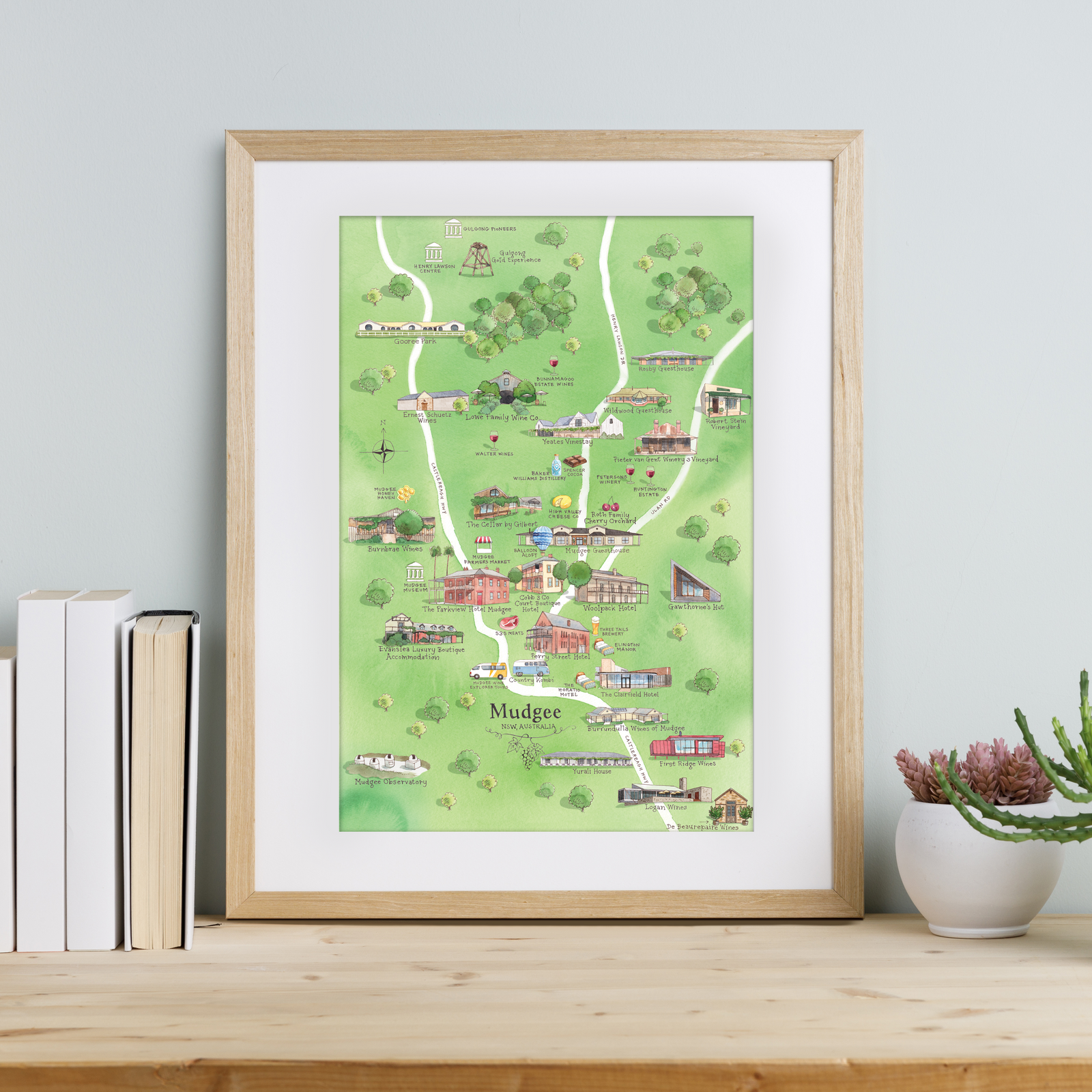 Mudgee 3.0 wine region map watercolour-illustrated A3-size print