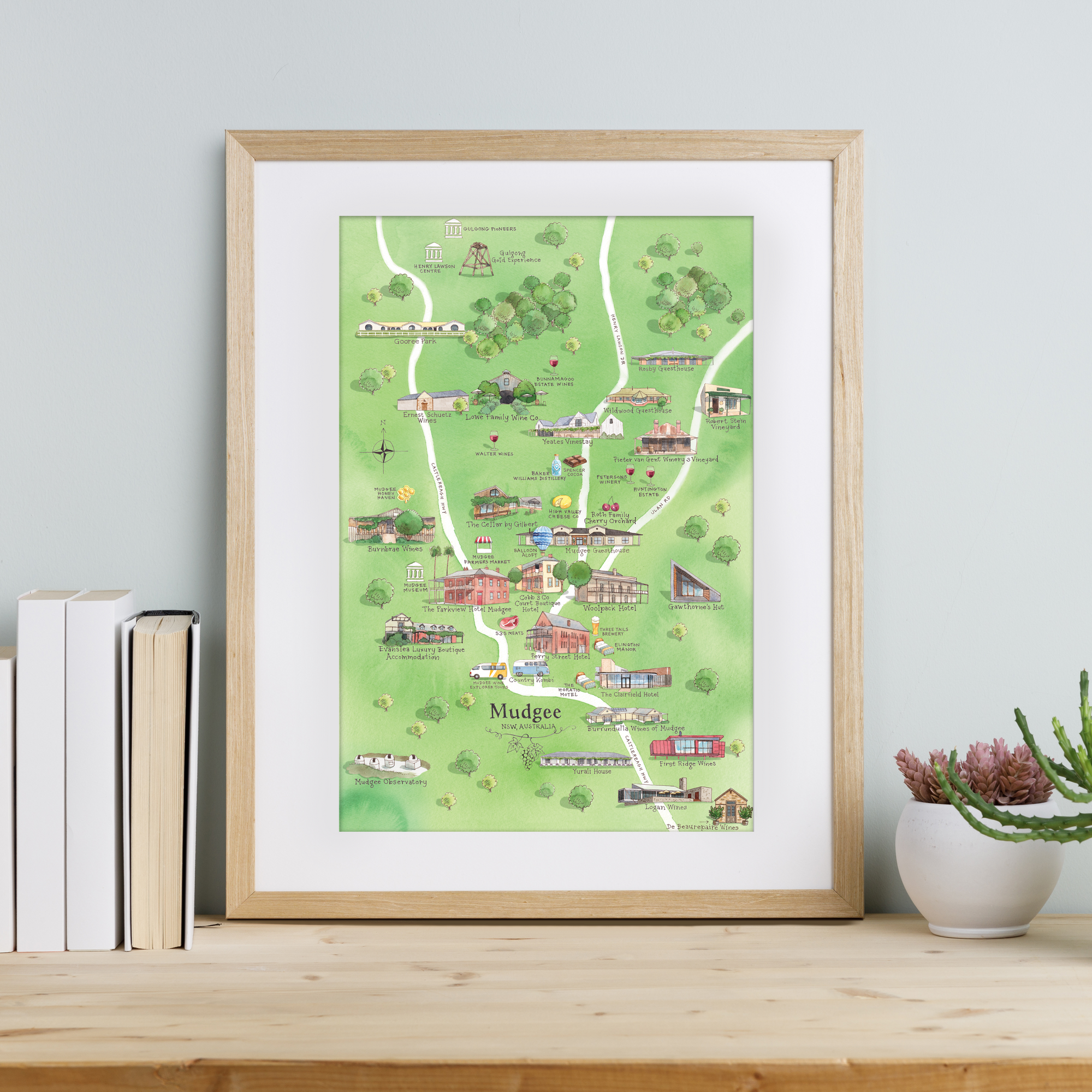Mudgee 3.0 wine region map watercolour-illustrated A3-size print