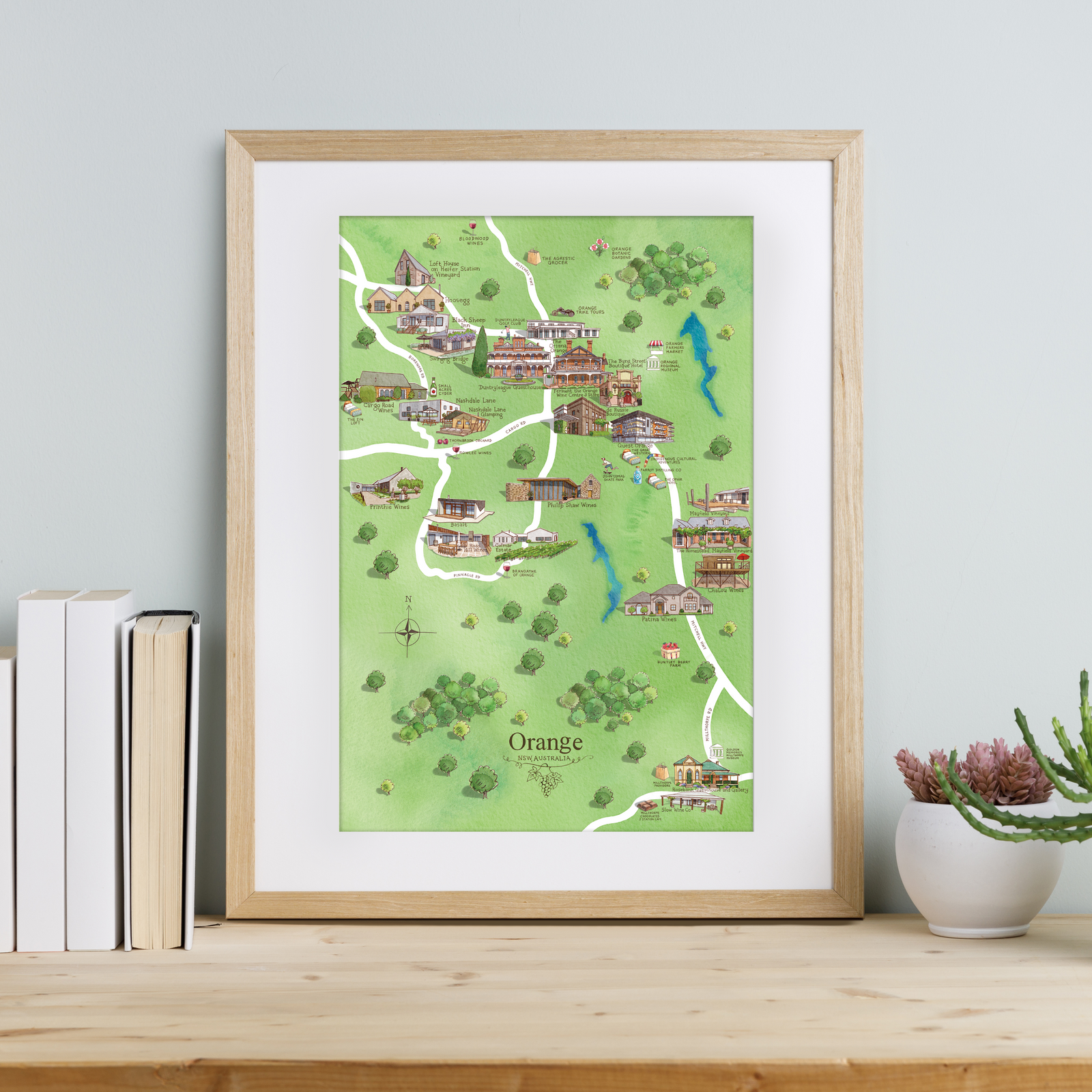 Orange wine region map watercolour-illustrated A3-size print