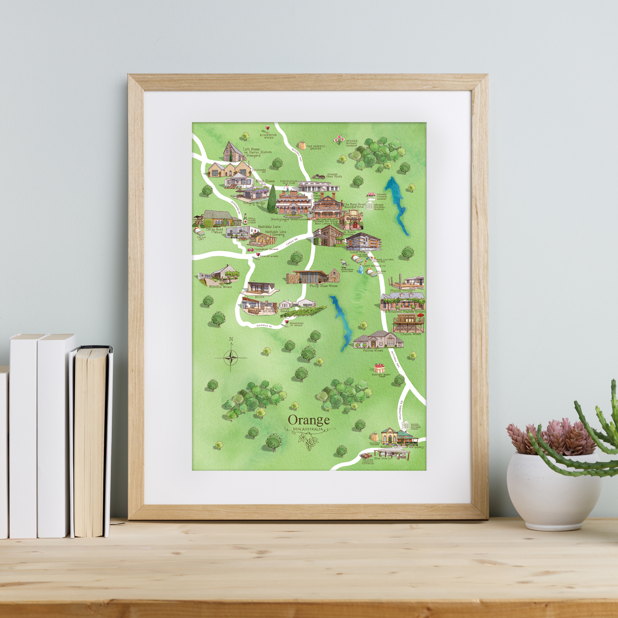 Orange wine region map watercolour-illustrated A3-size print