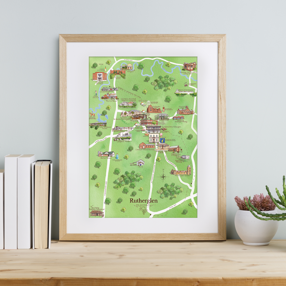 Rutherglen 2.0 wine region map watercolour-illustrated A3-size print