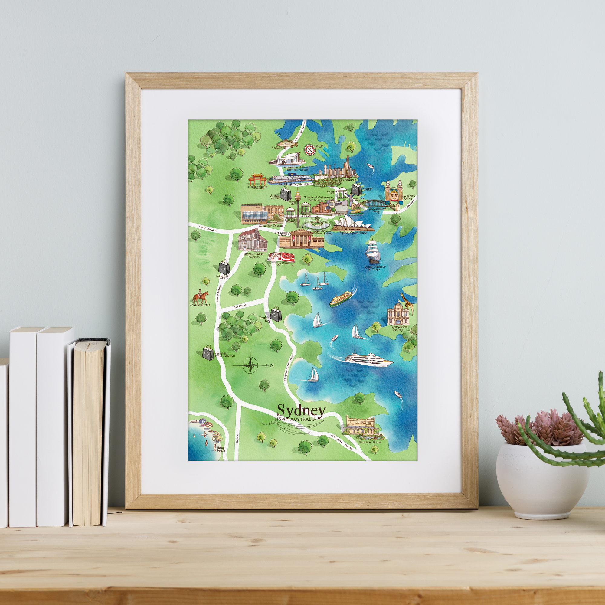 Sydney top tourist attractions map watercolour-illustrated A3-size print