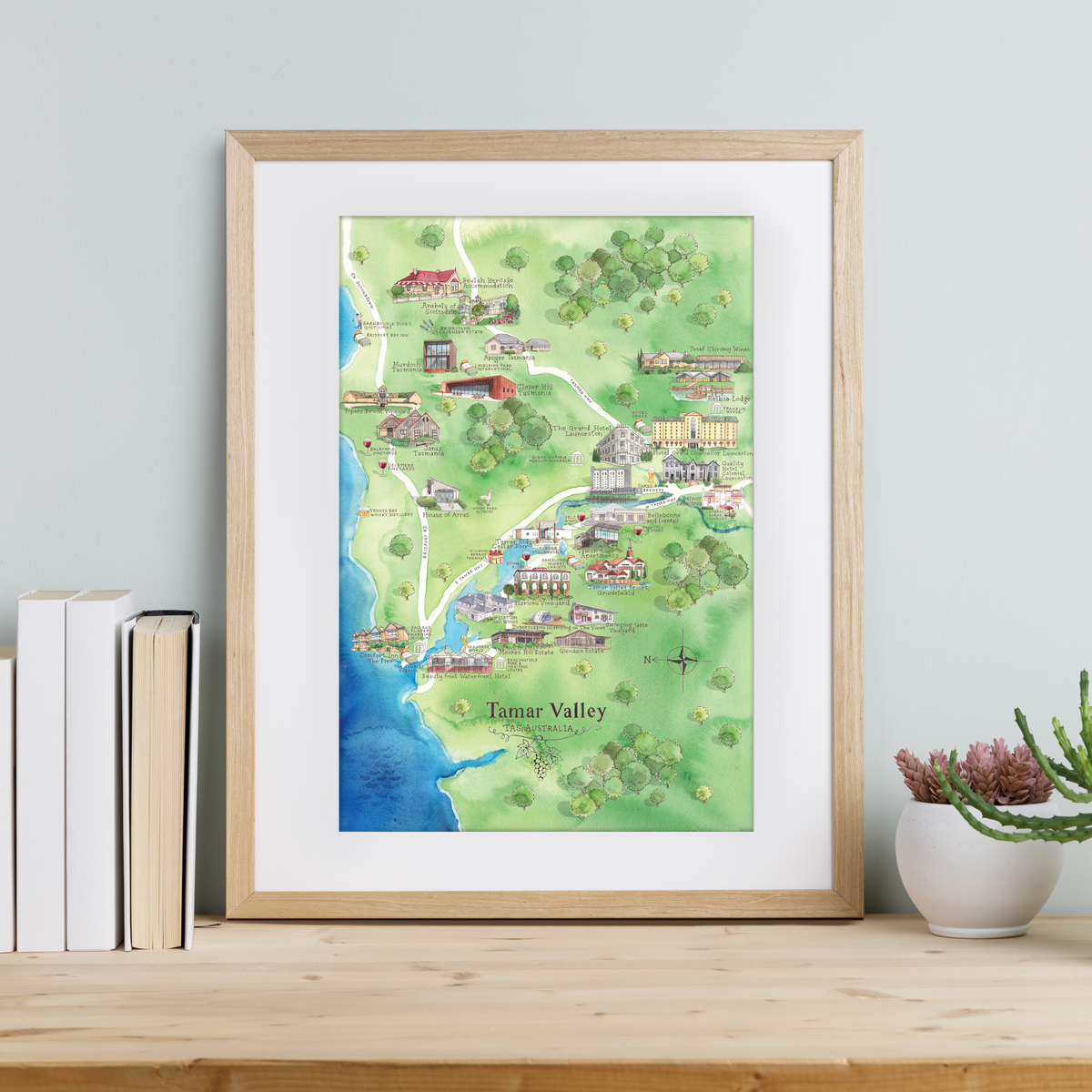 Tamar Valley 2.0 wine region map watercolour-illustrated A3-size print