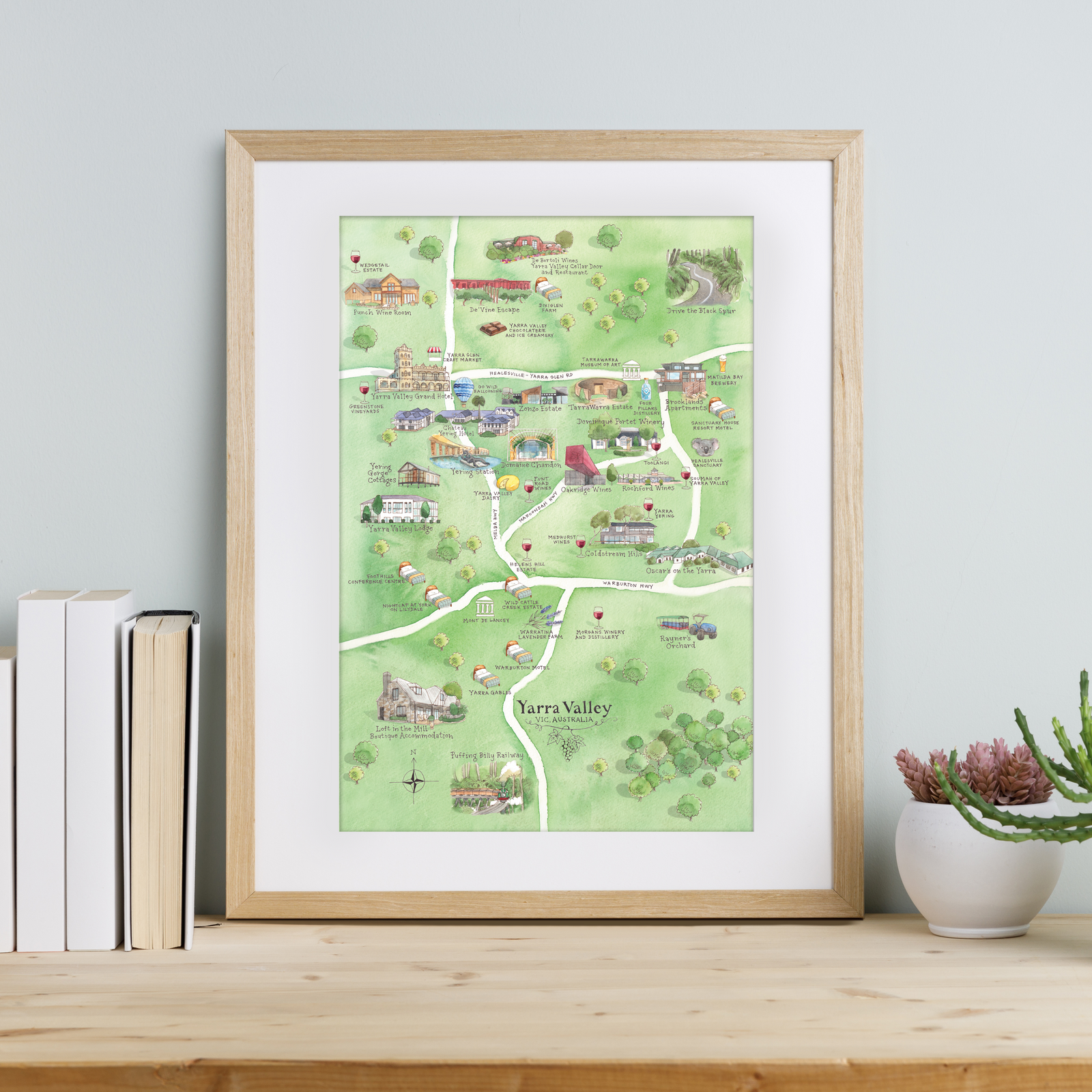 Yarra Valley wine region map watercolour-illustrated A3-size print