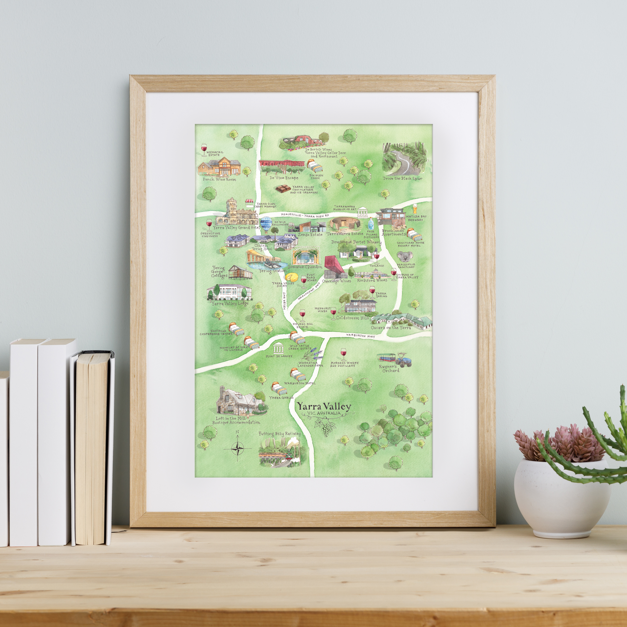 Yarra Valley wine region map watercolour-illustrated A3-size print