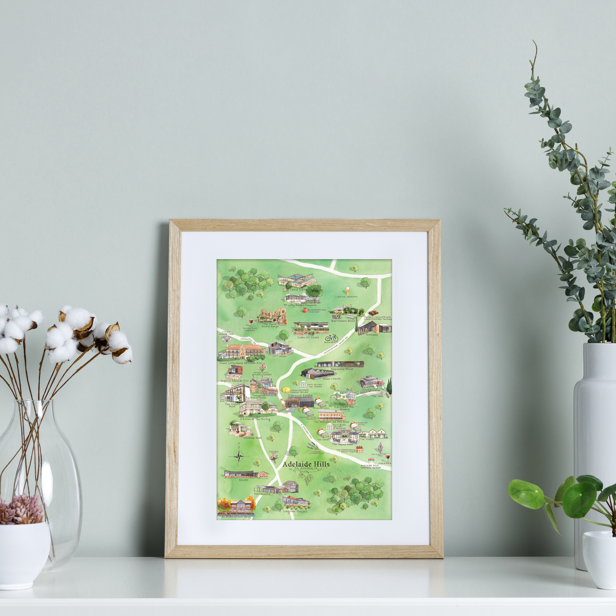 Adelaide Hills 3.0 wine region map watercolour-illustrated A4-size print