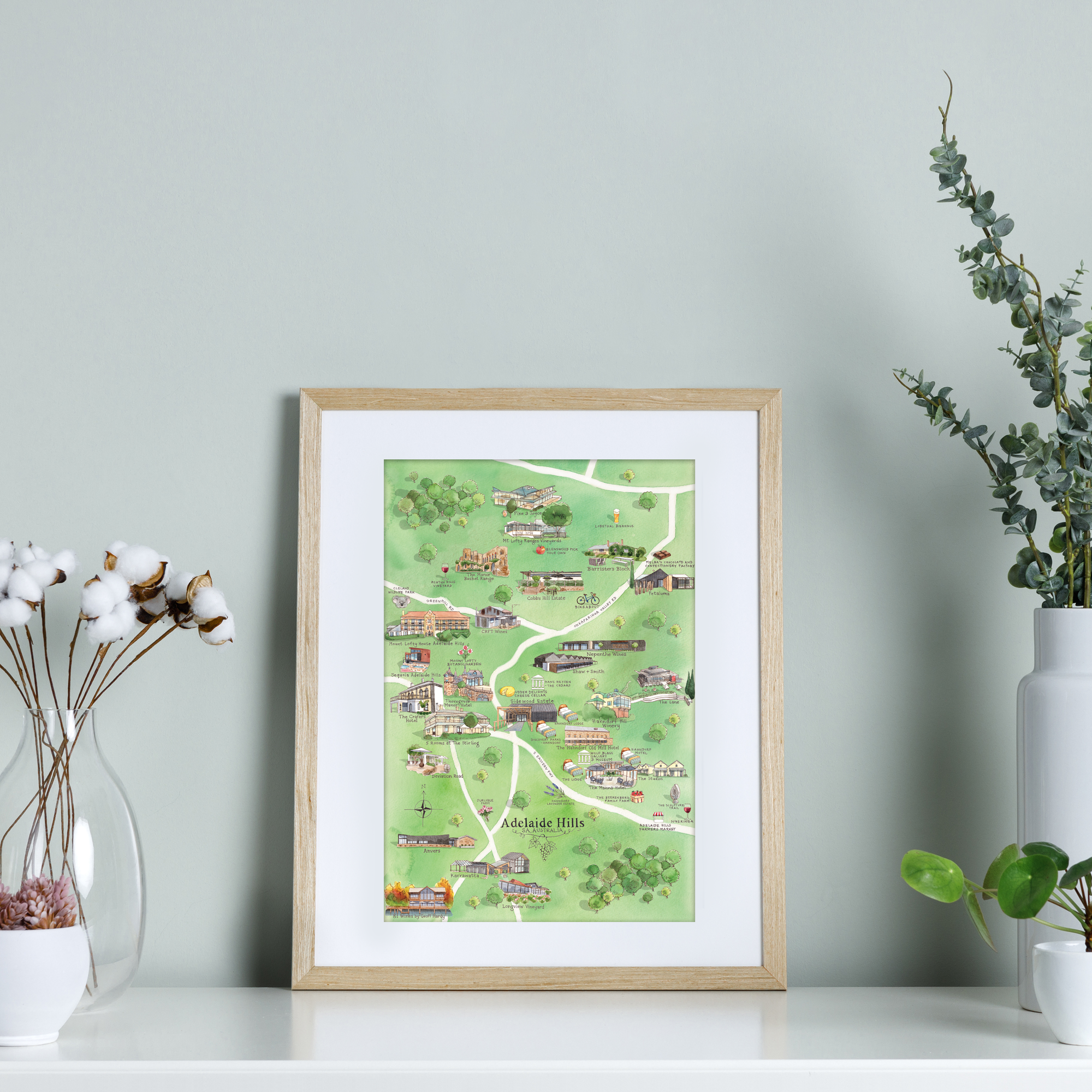 Adelaide Hills 3.0 wine region map watercolour-illustrated A4-size print