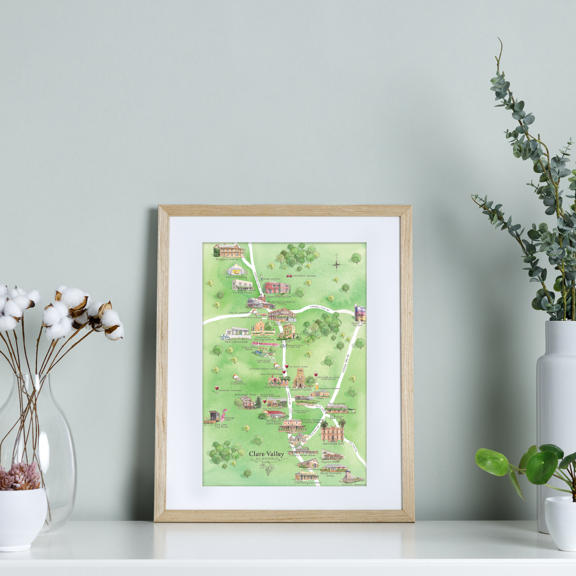 Clare Valley 2.0 wine region map watercolour-illustrated A4-size print