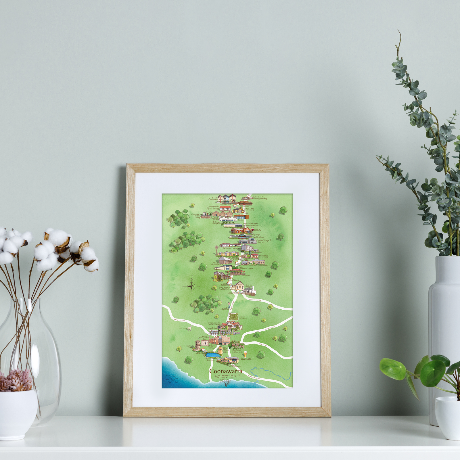 Coonawarra wine region map watercolour-illustrated A4-size print