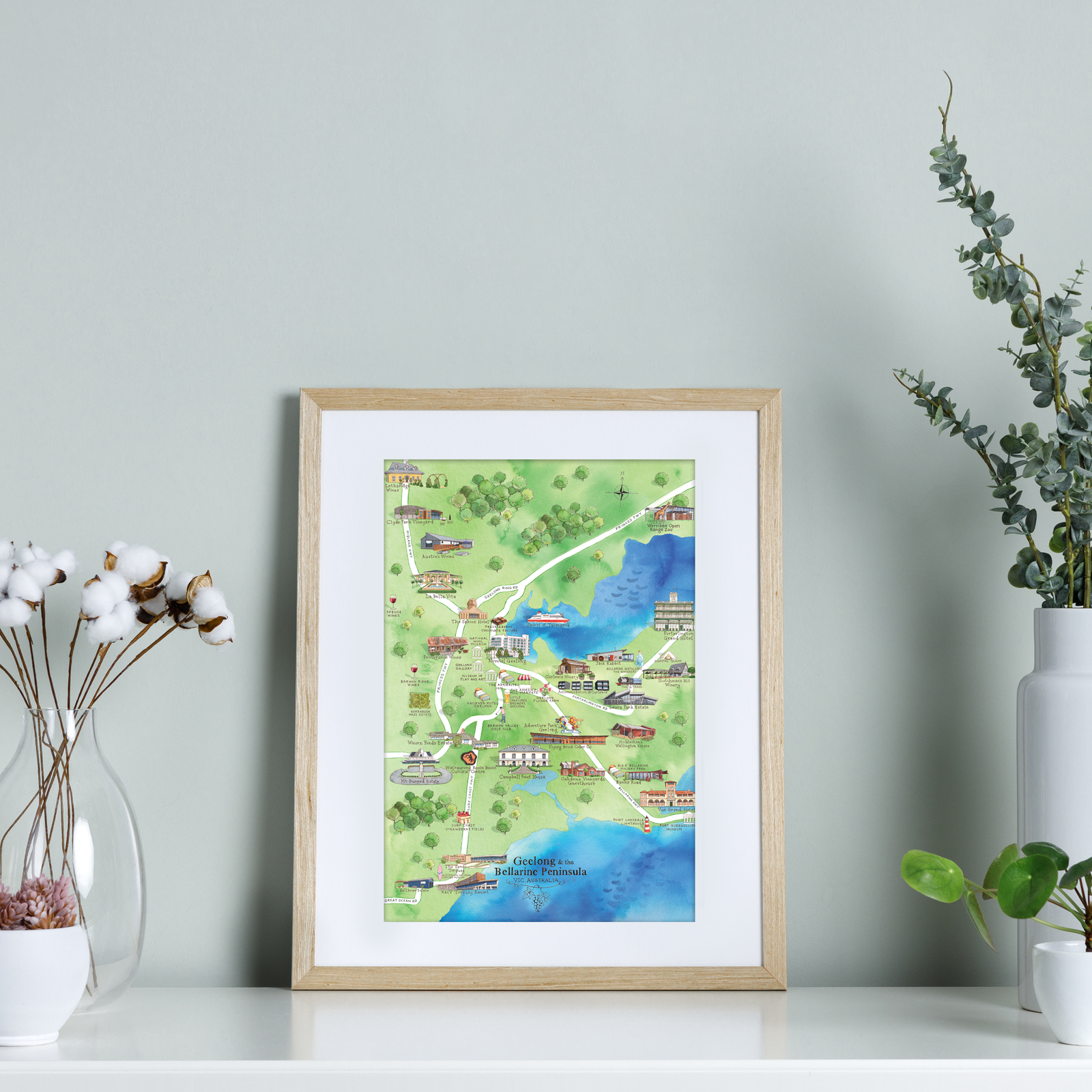 Geelong & the Bellarine Peninsula 2.0 wine region map watercolour-illustrated A4-size print