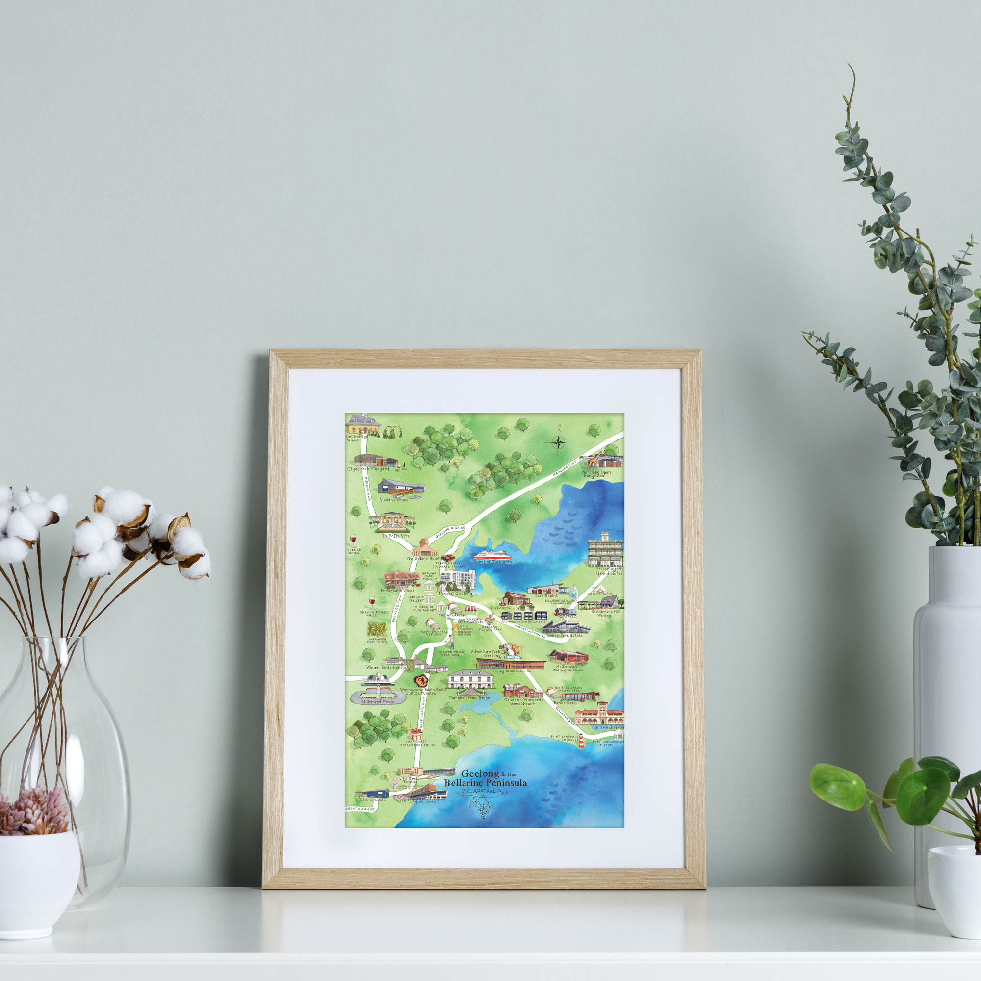 Geelong & the Bellarine Peninsula 2.0 wine region map watercolour-illustrated A4-size print
