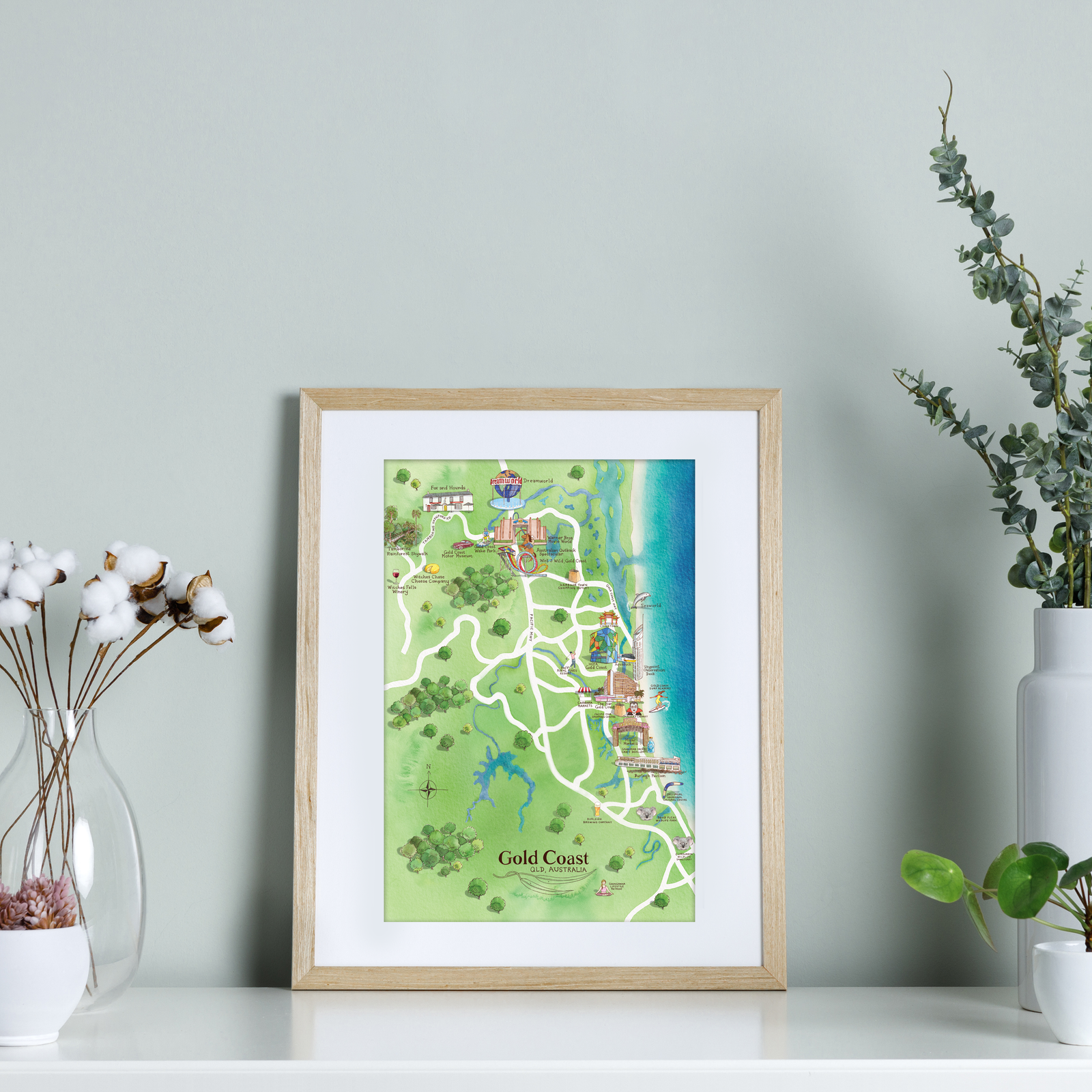 Gold Coast top tourist atttractions map watercolour-illustrated A4-size print