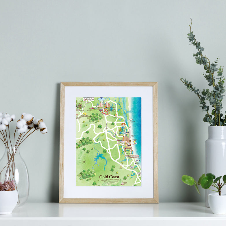 Gold Coast A4 Unframed Print Tourist Attractions Map