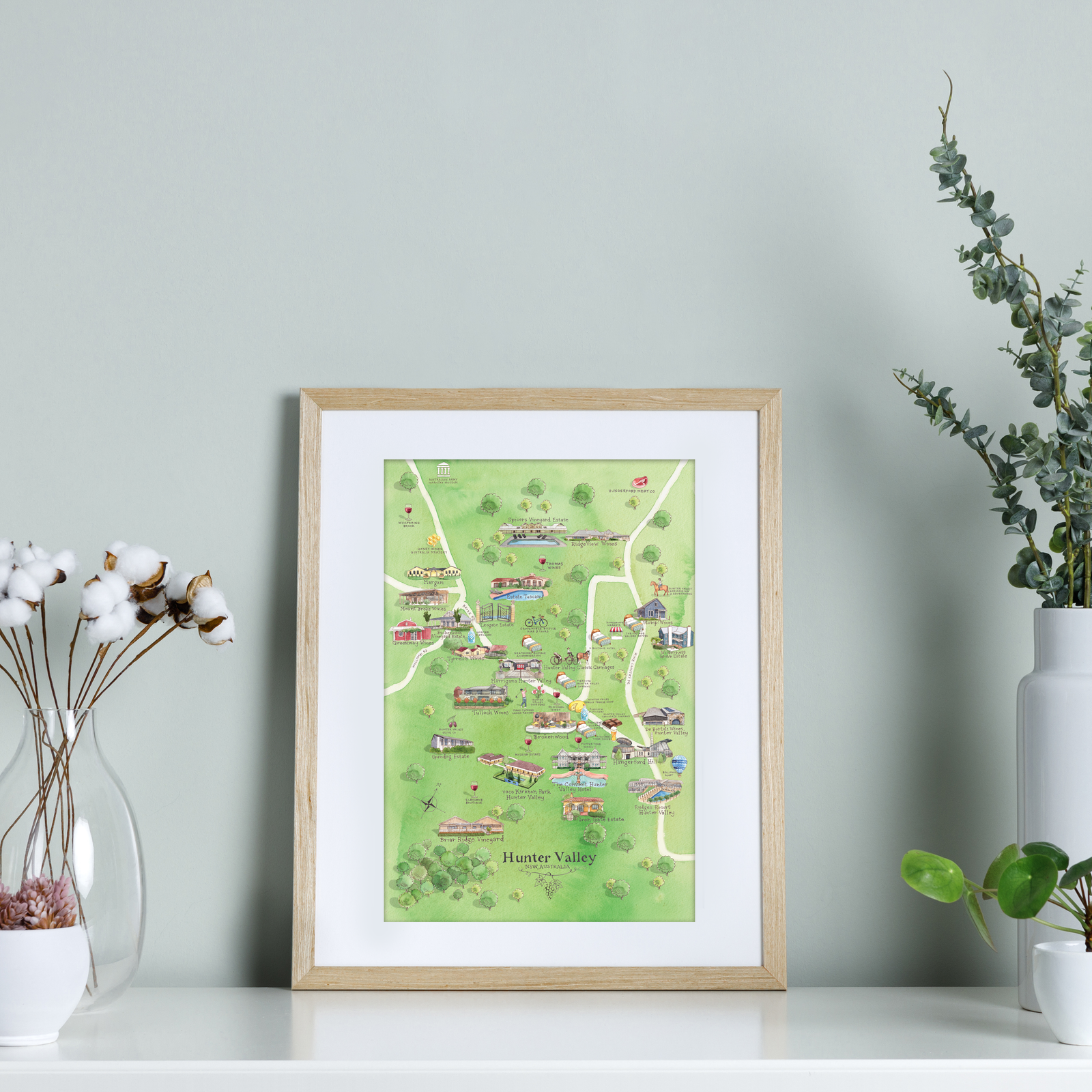 Hunter Valley 3.0 wine region map watercolour-illustrated A4-size print