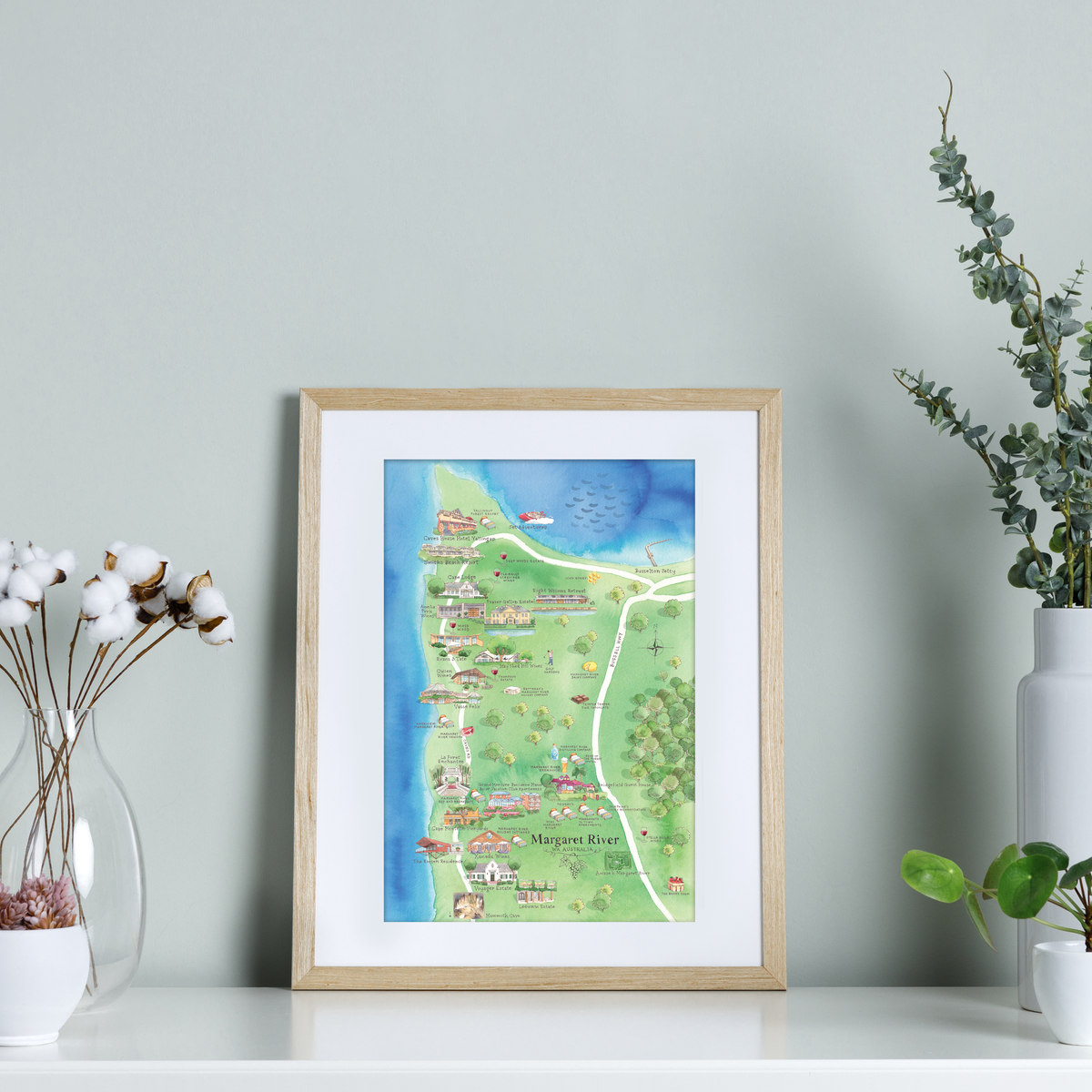 Margaret River wine region map watercolour-illustrated A4-size print