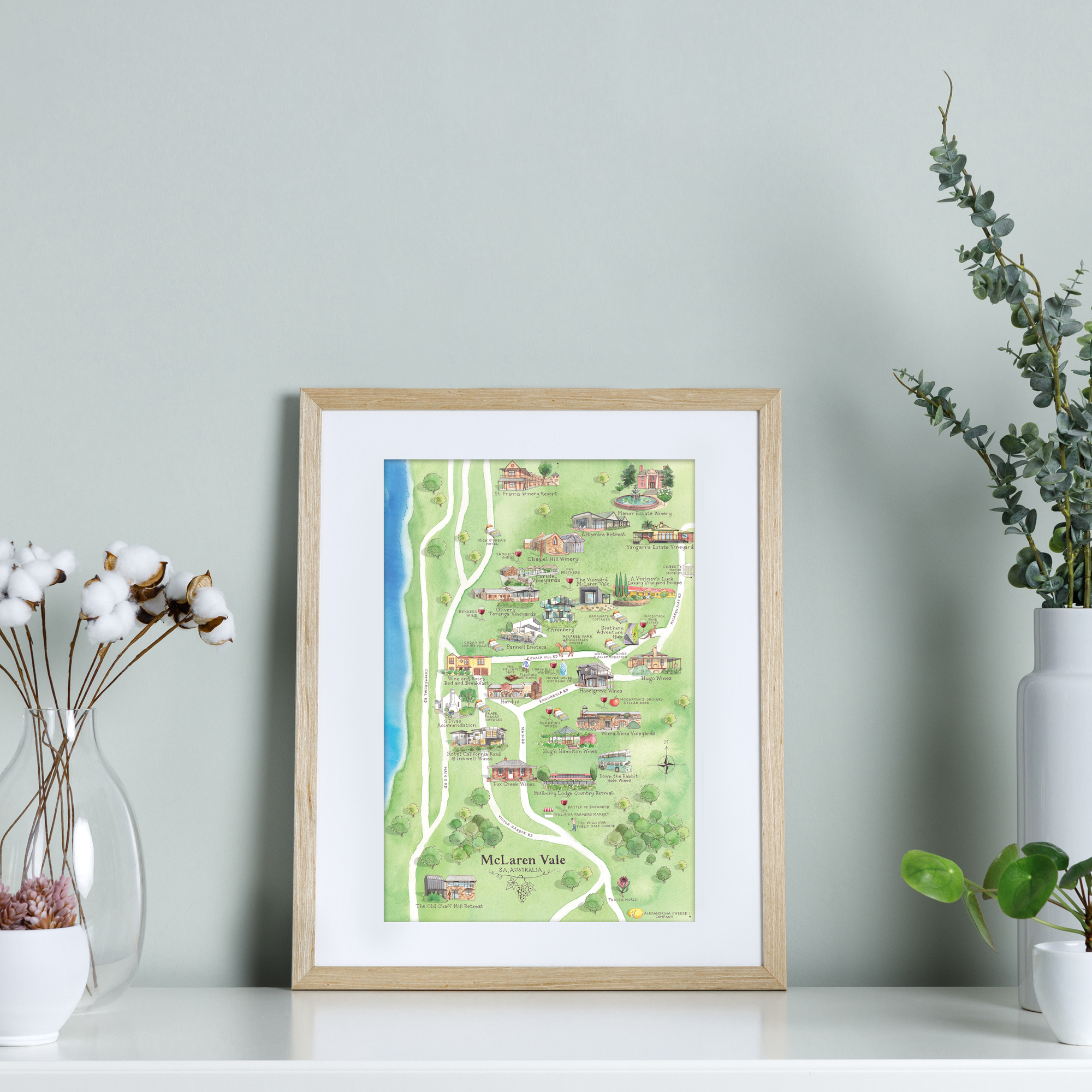 McLaren Vale wine region map watercolour-illustrated A4-size print