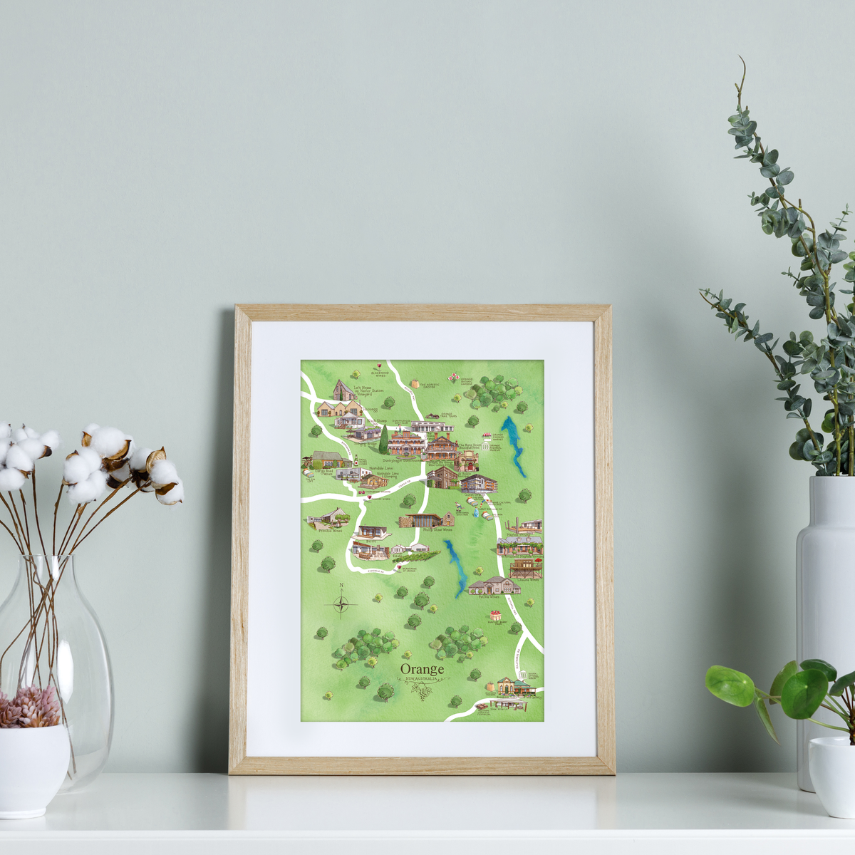 Orange wine region map watercolour-illustrated A4-size print