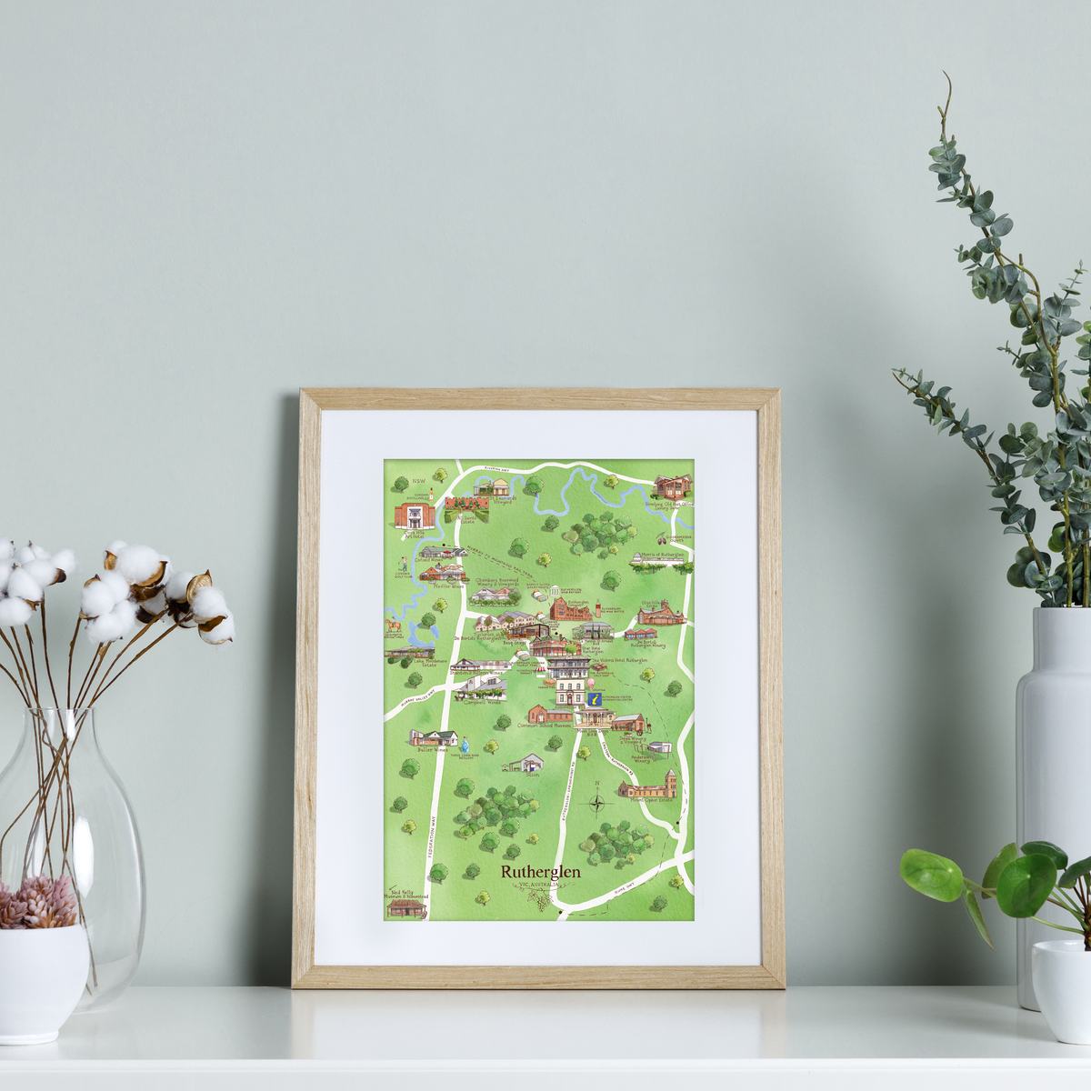 Rutherglen 2.0 wine region map watercolour-illustrated A4-size print
