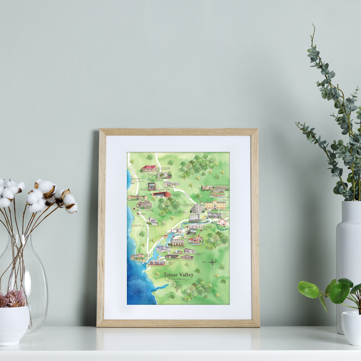 Tamar Valley 2.0 wine region map watercolour-illustrated A4-size print