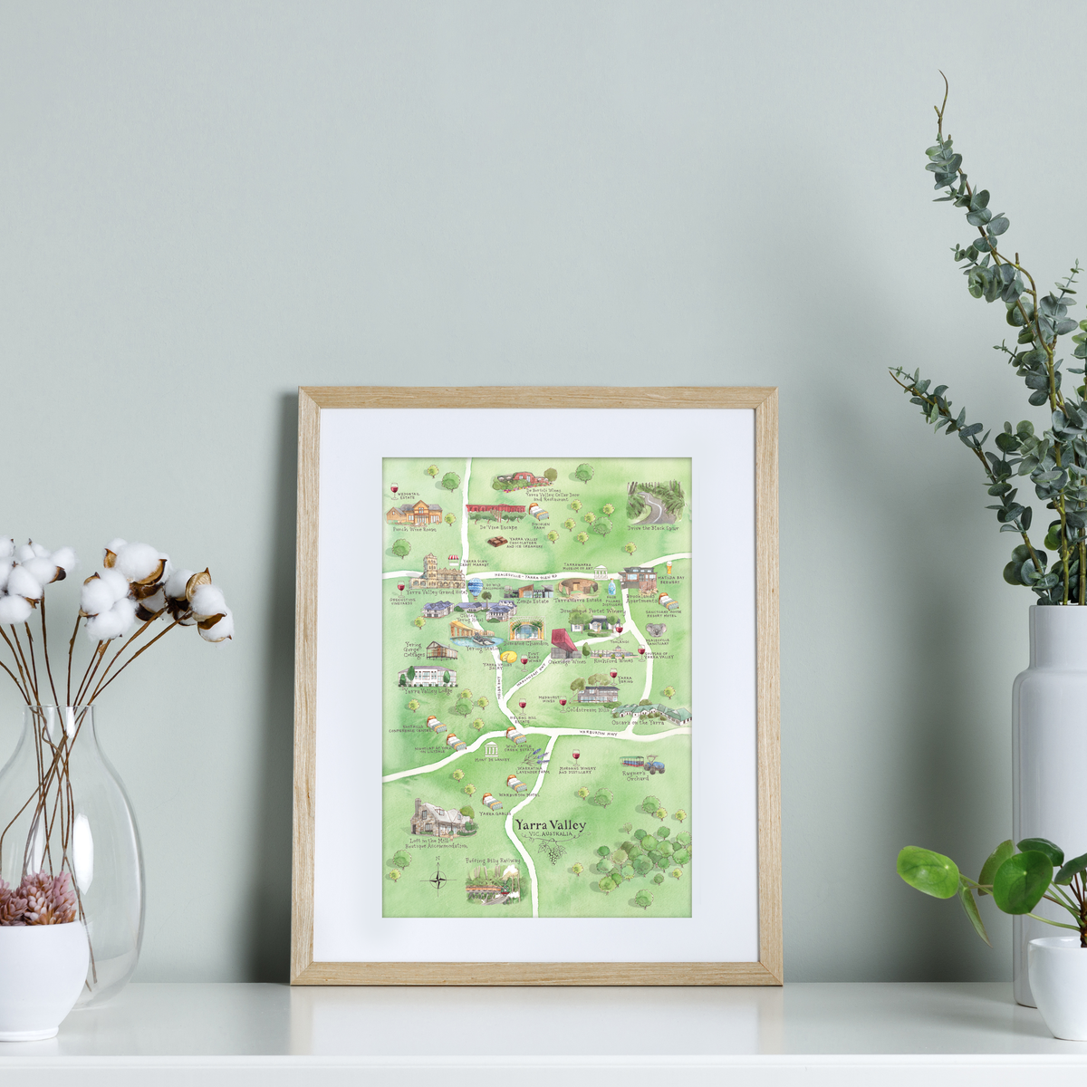 Yarra Valley wine region map watercolour-illustrated A4-size print