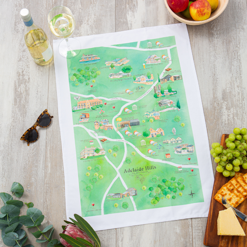 Adelaide Hills wine region map 2.0 tea towel styled