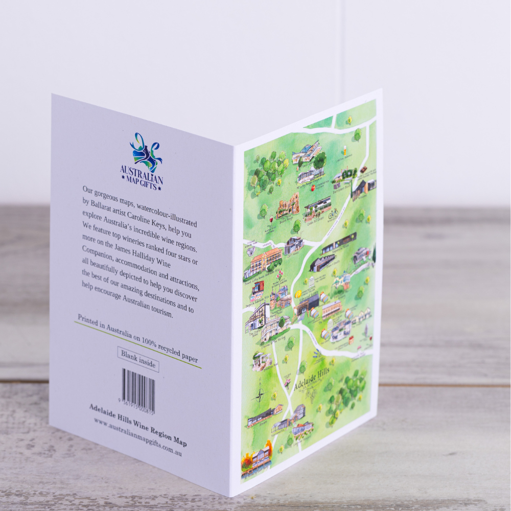 Adelaide Hills 3.0 wine region map greeting card opened out