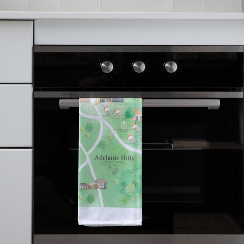 Palatable Tea Towels Adelaide Hills wine region tea towel over oven door