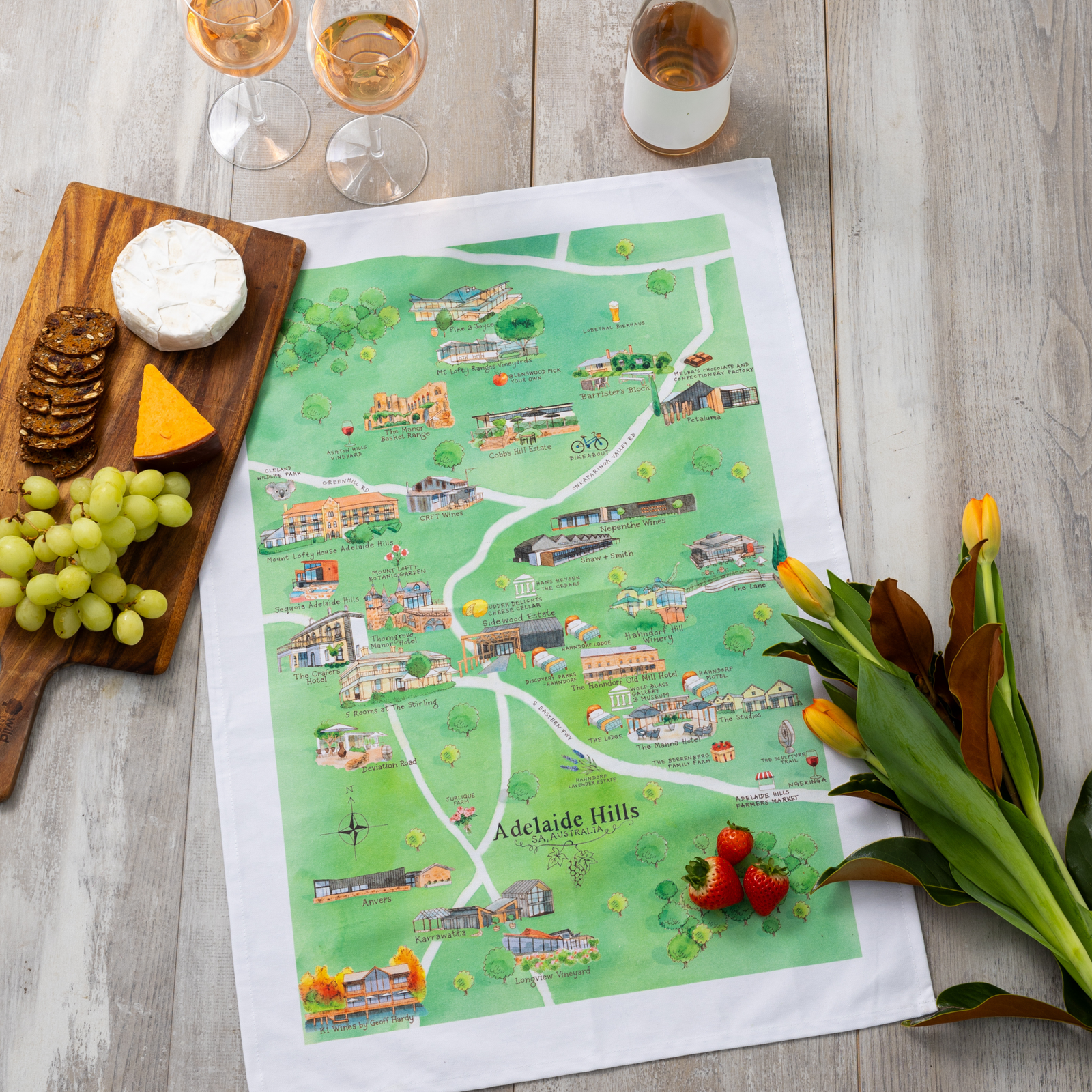 Australian Map Gifts cotton Adelaide Hills 3.0 wine region map tea towel on wall