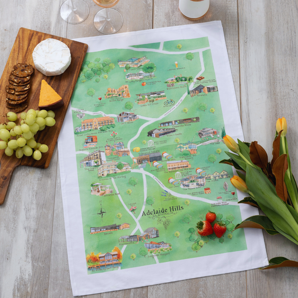 Australian Map Gifts cotton Adelaide Hills wine region map tea towel styled