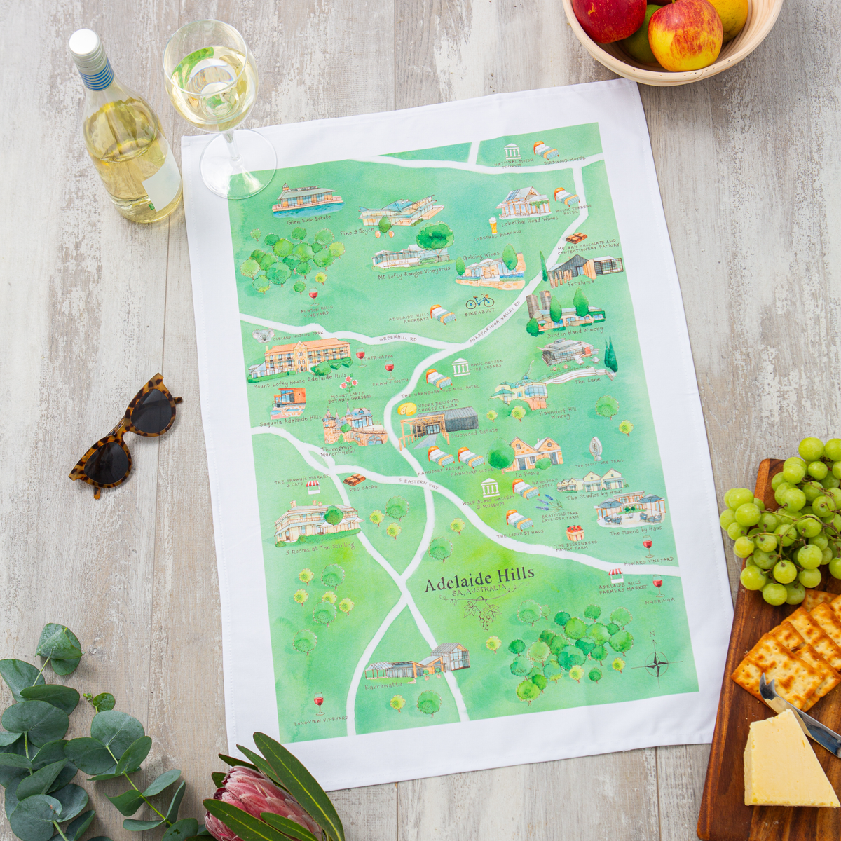 Adelaide Hills wine region map tea towel styled