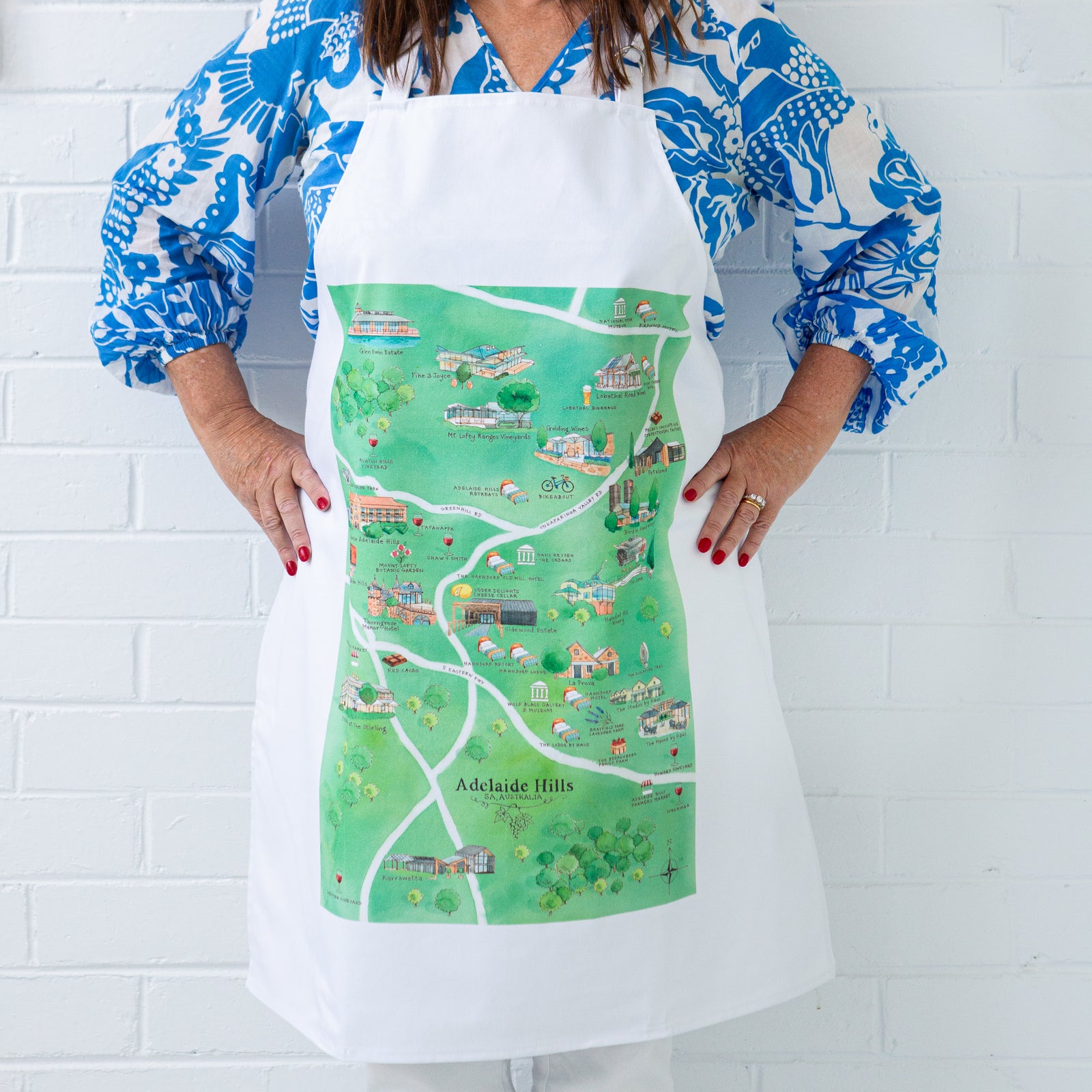 Adelaide Hills wine region map apron on model