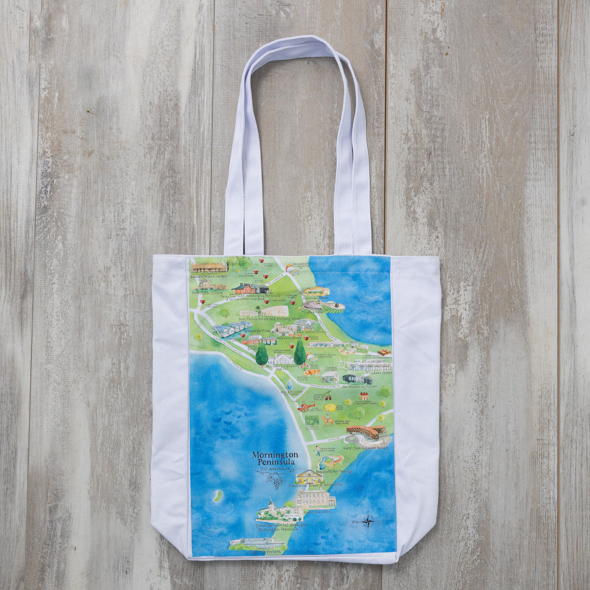 Australian Map Gifts canvas Mornington Peninsula 3.0 wine region map tote bag flat lay