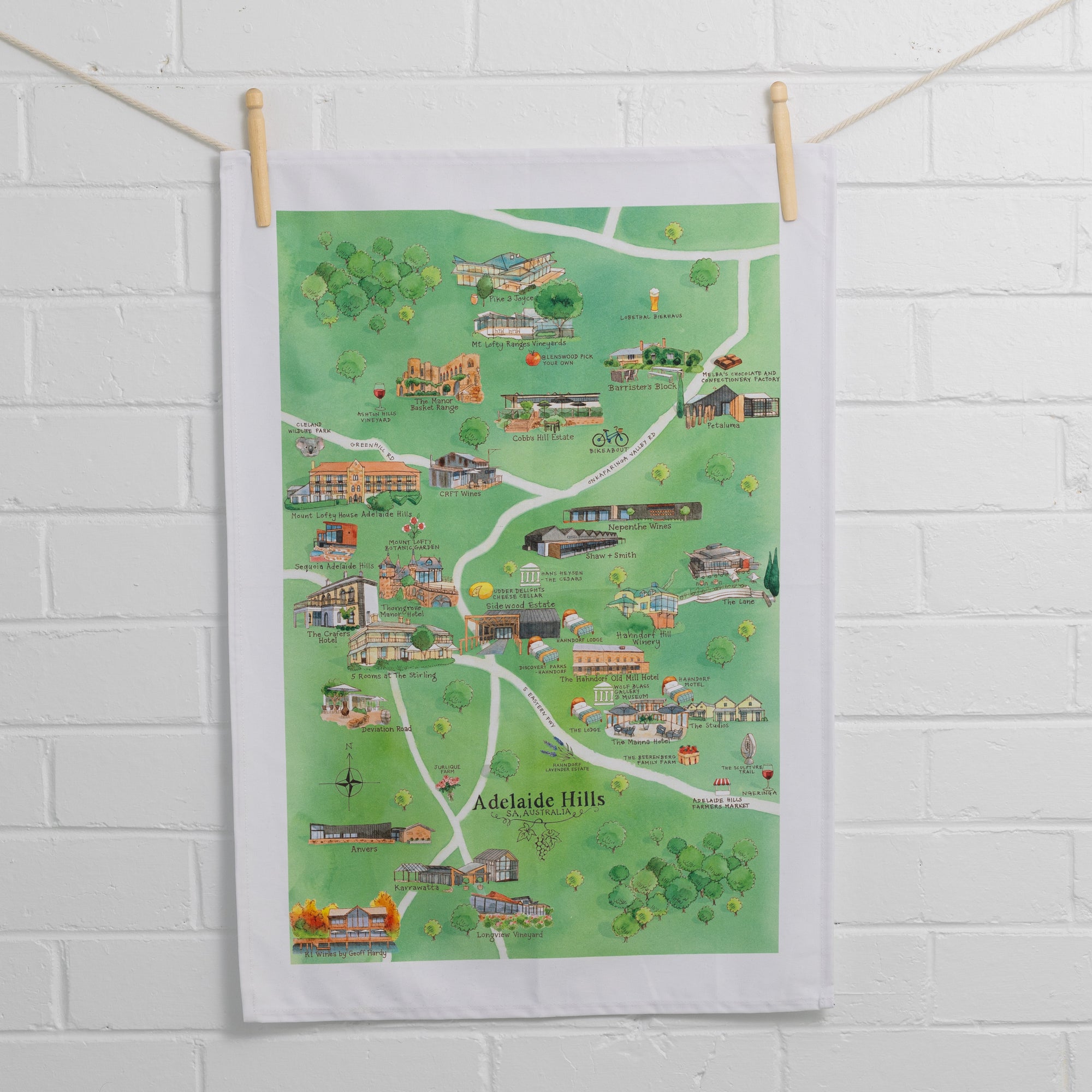 Australian Map Gifts cotton Adelaide Hills 3.0 wine region map tea towel on wall