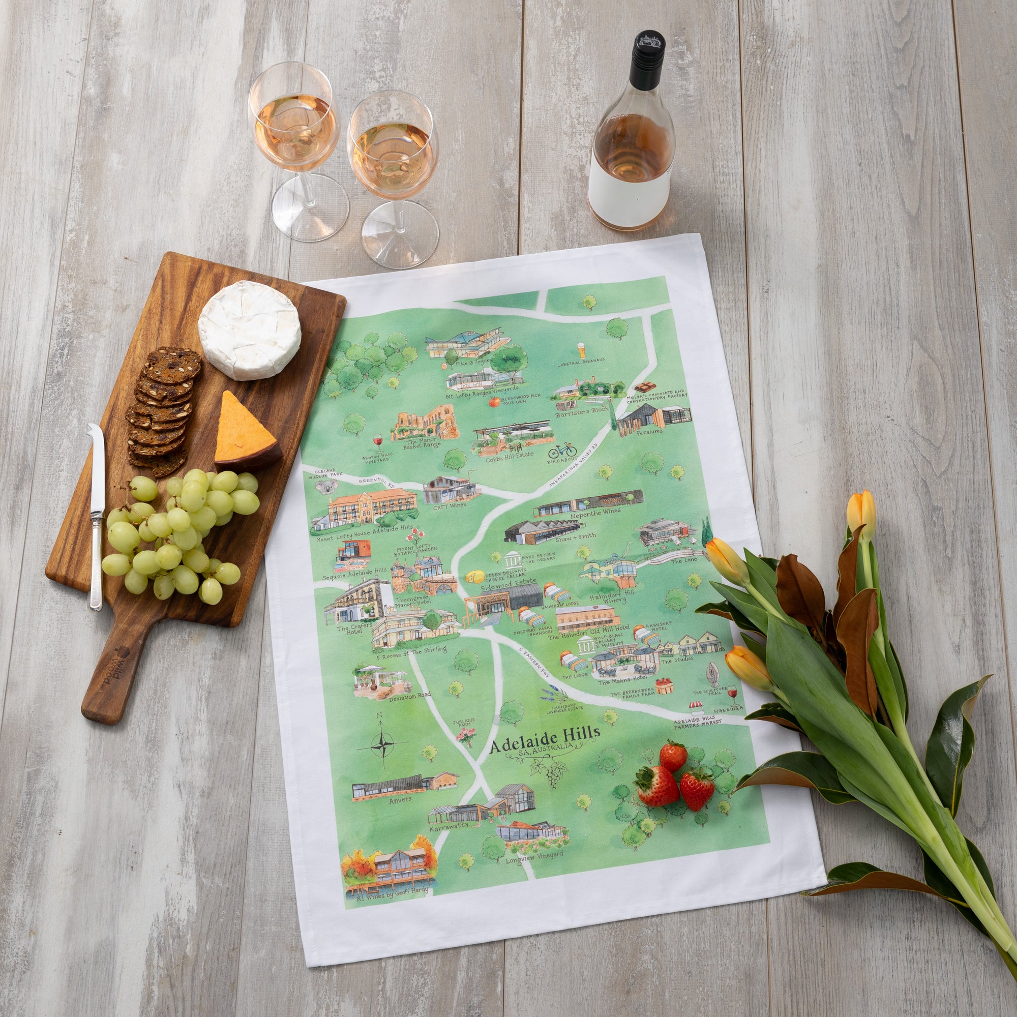 Australian Map Gifts cotton Adelaide Hills 3.0 wine region map tea towel styled