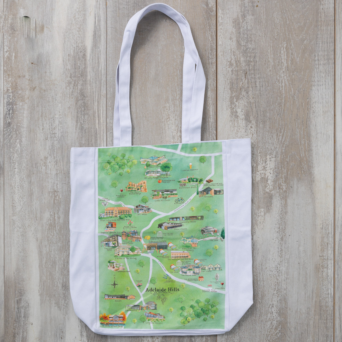 Australian Map Gifts canvas Adelaide Hills wine region map tote bag flat lay