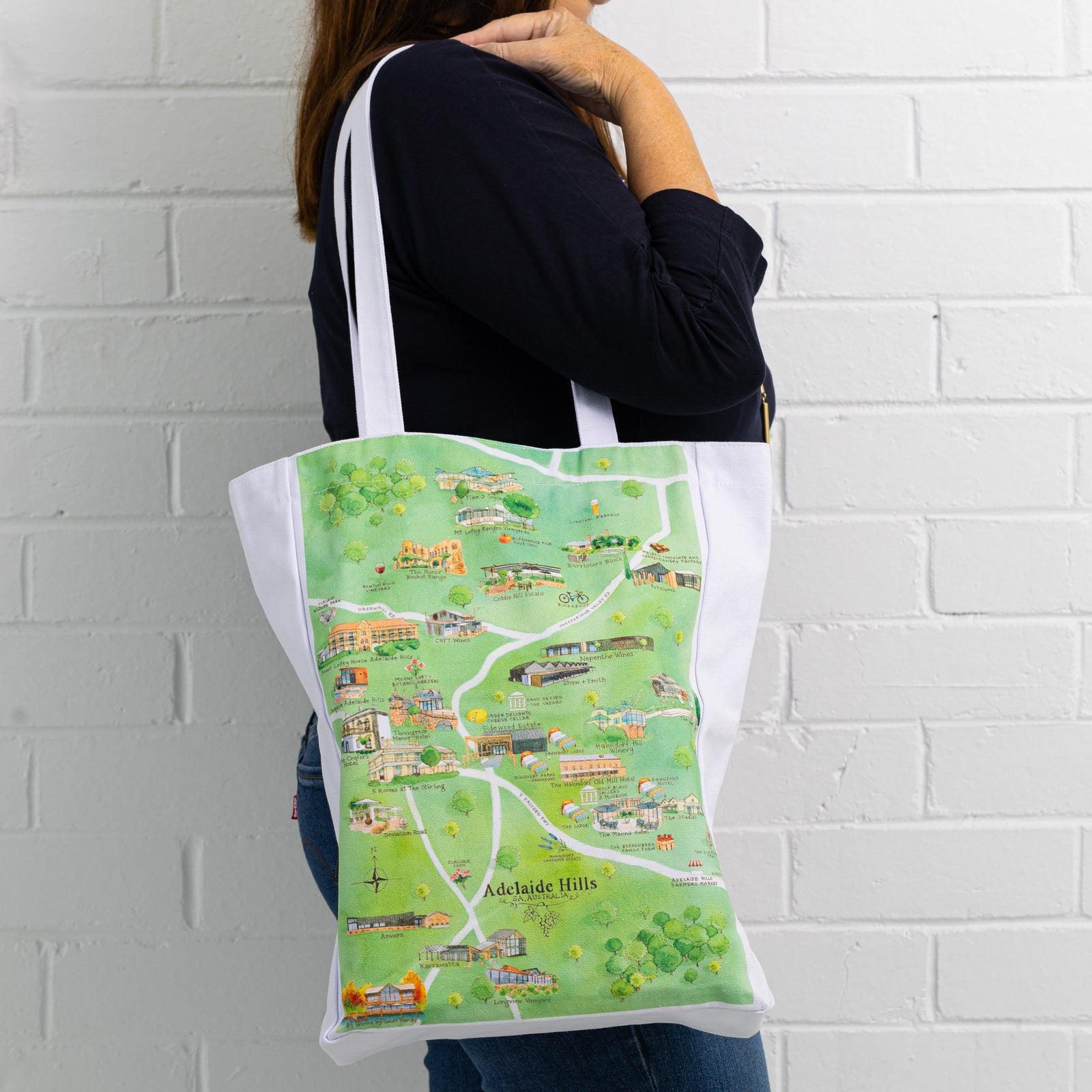 Australian Map Gifts canvas Adelaide Hills wine region map tote bag on model