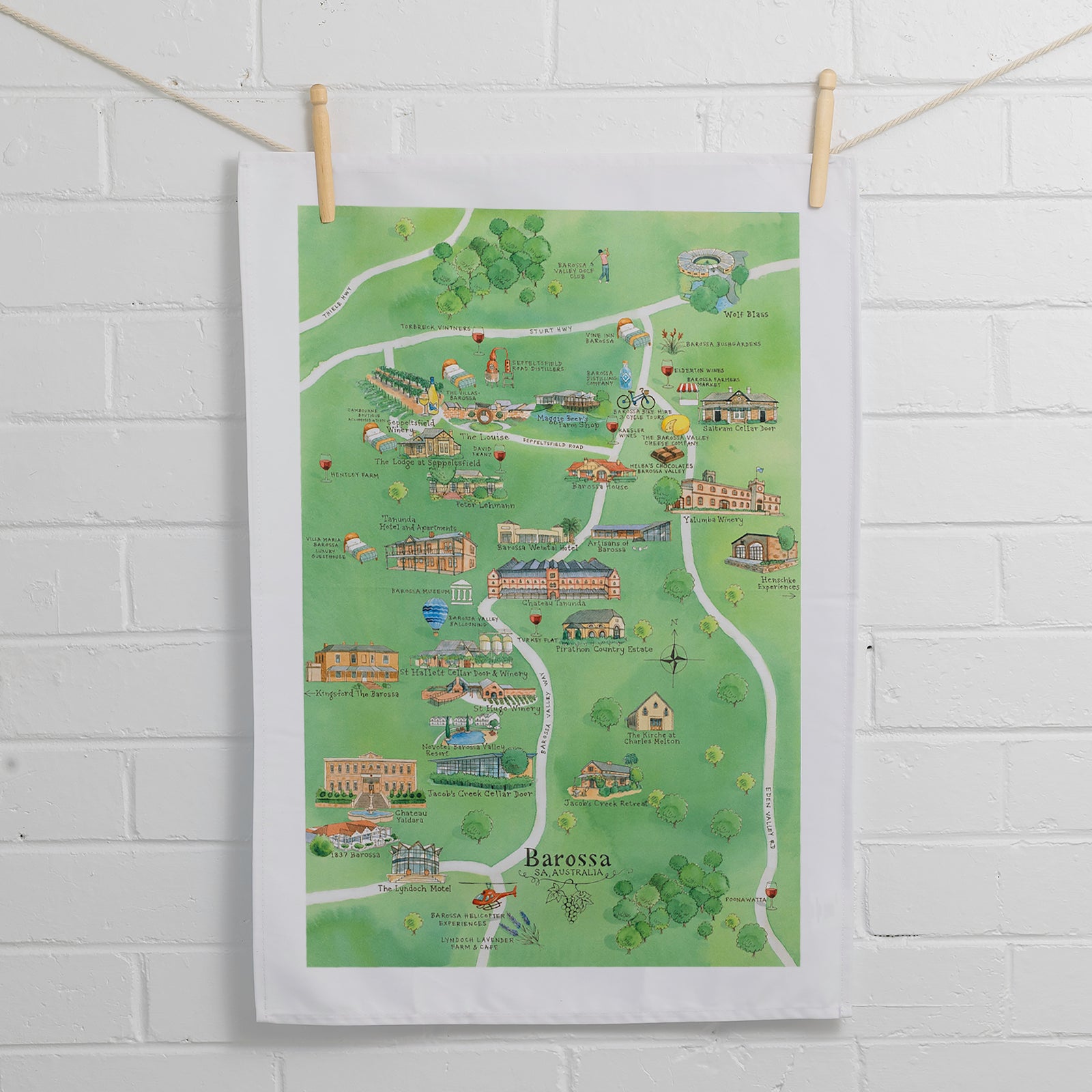 Australian Map Gifts cotton Barossa wine region map tea towel suspended on wall