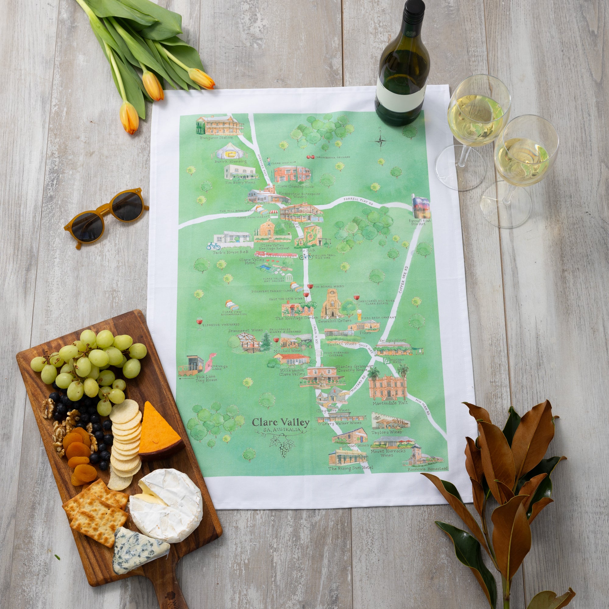 Australian Map Gifts cotton Clare Valley 2.0 wine region map tea towel styled