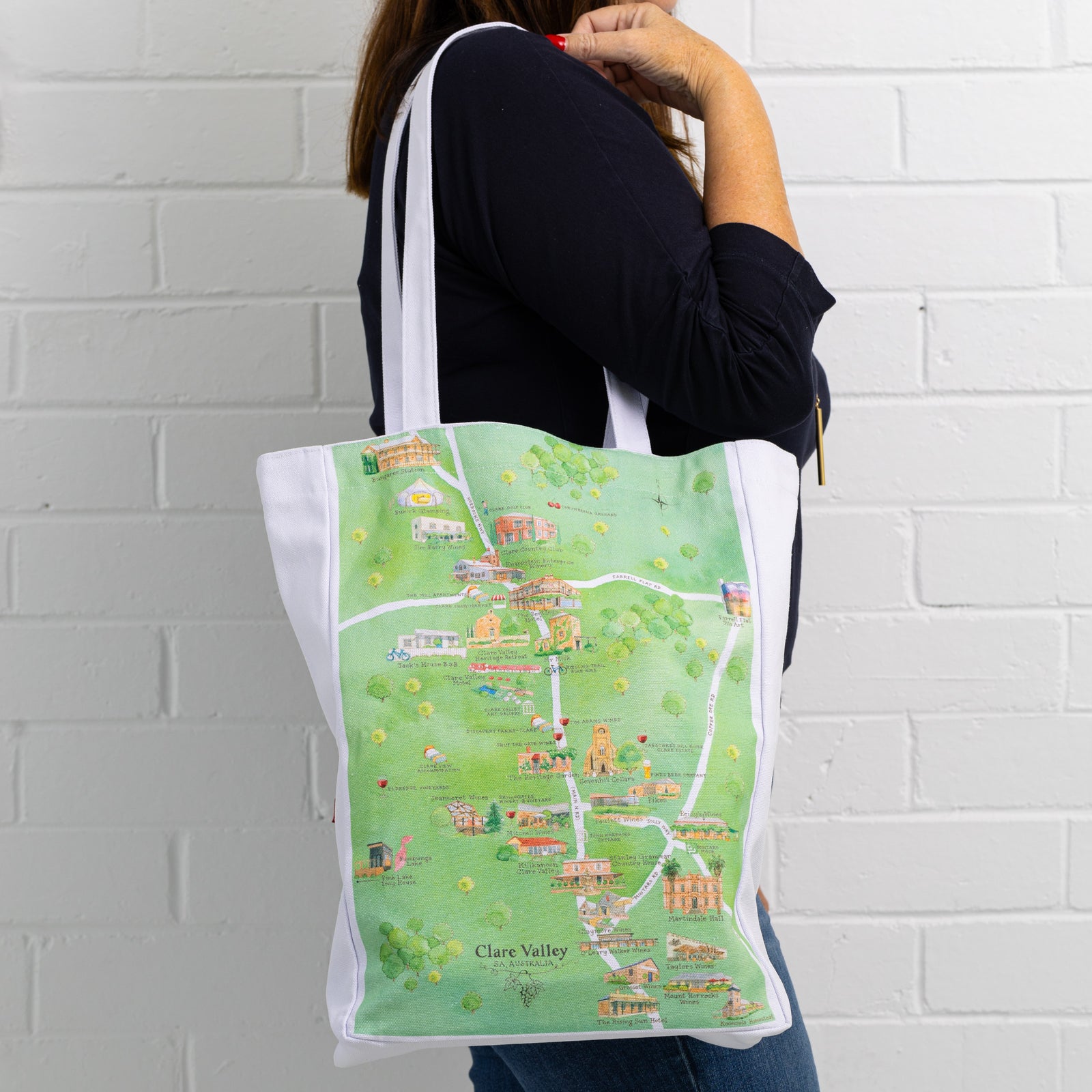 Australian Map Gifts canvas Clare Valley wine region map tote bag on model