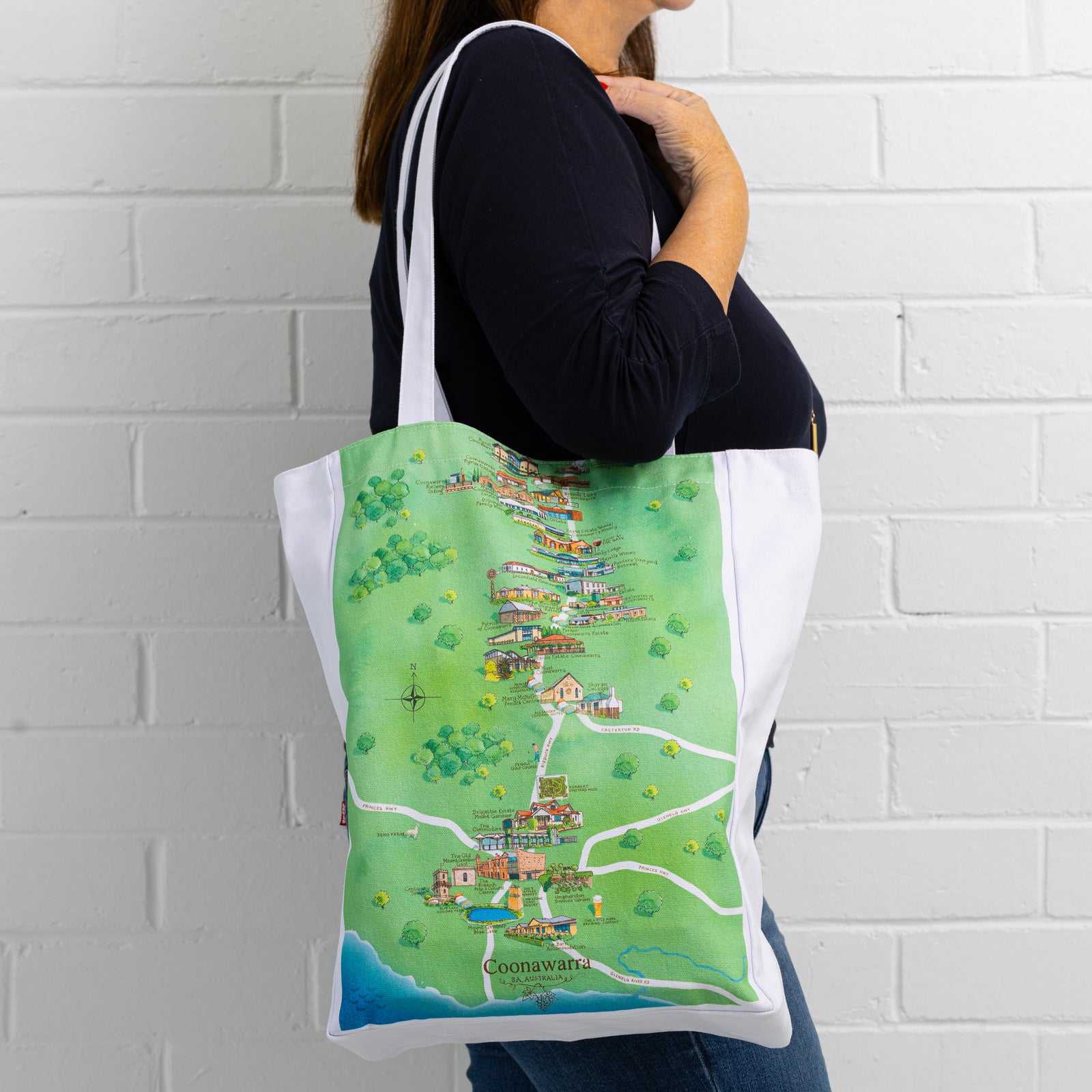 Australian Map Gifts canvas Coonawarra tote bag on model